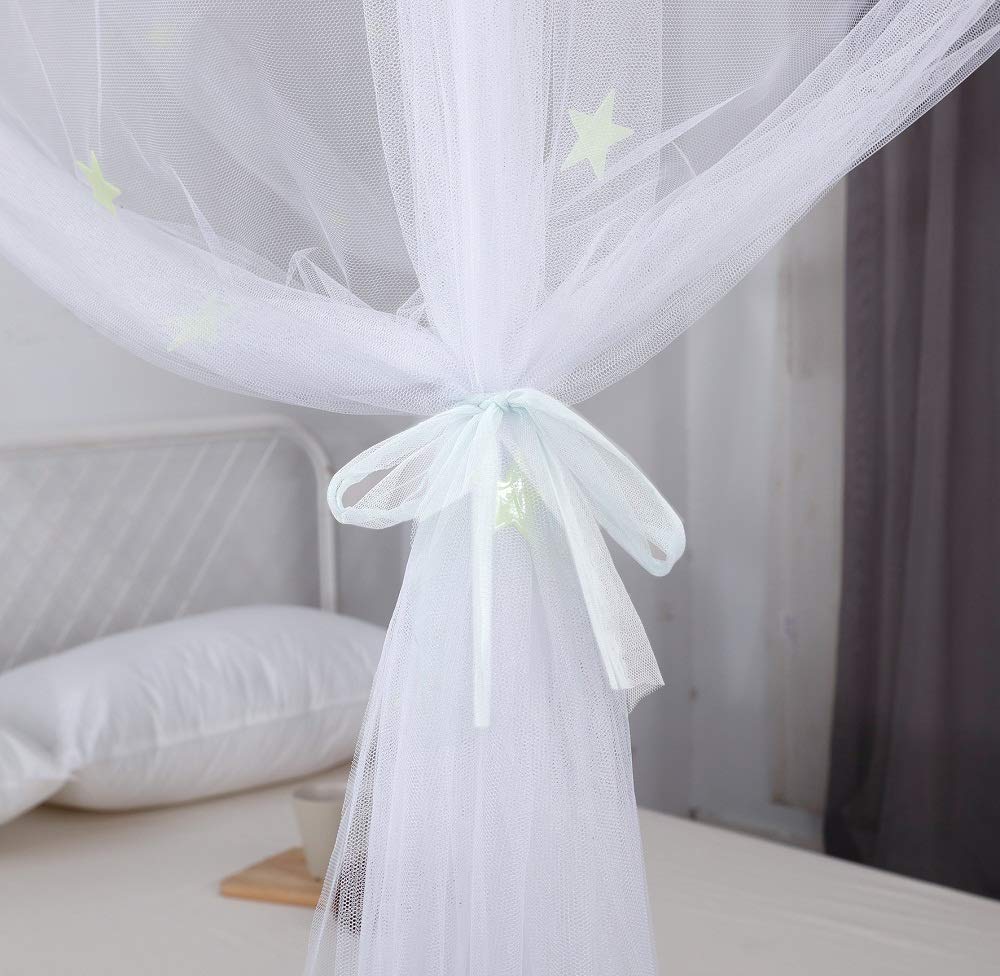 OctoRose Glow in The Dark 4-Poster Bed Canopy with Stars - White Hanging Mosquito Net for Full/Queen/King Size Beds (76