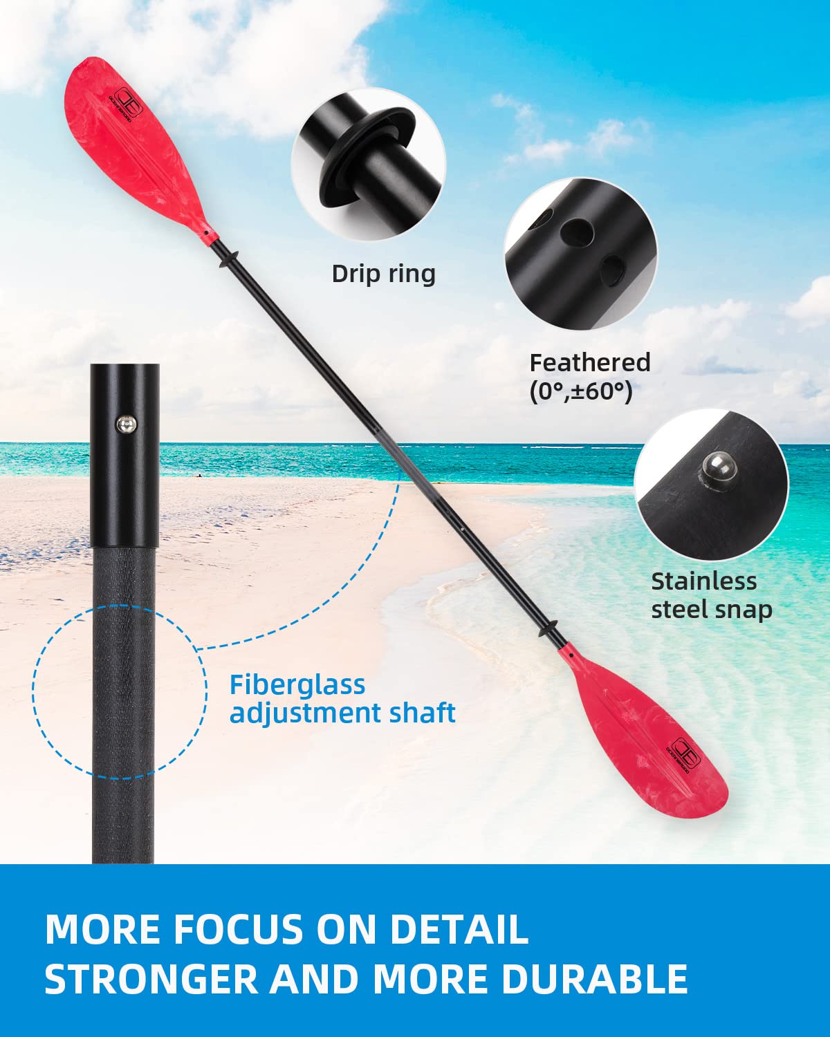 Adjustable Kayak Paddle 86in to 94in (220cm-240cm) - Lightweight Canoe Oar with Paddle Leash for Kayaking, Boating & Canoeing - Perfect for Recreational Paddling, Fishing & Water Sports