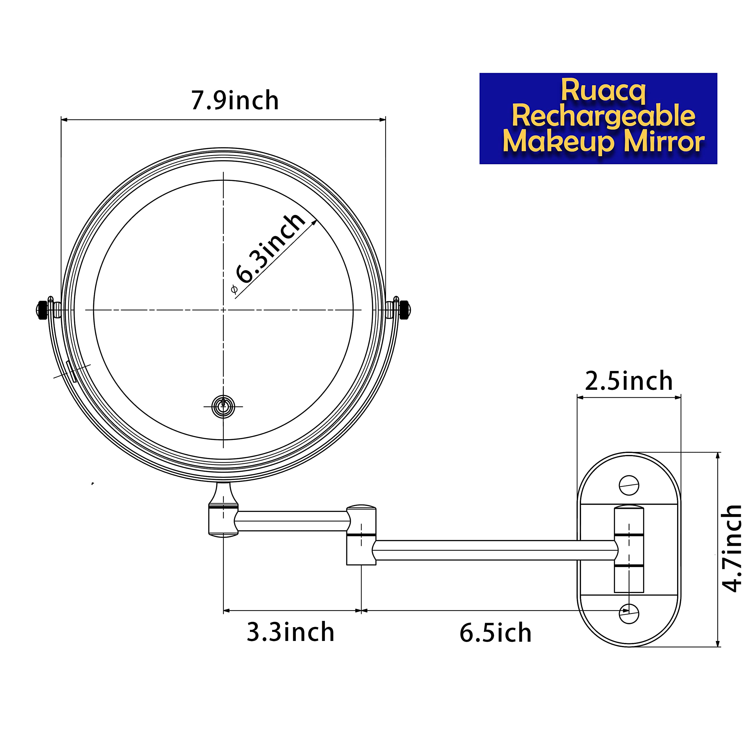 Rechargeable Makeup Mirror with LED Lights - 8 Inch Double Sided Vanity Mirror (1x/10x Magnification) - Matte Black Stainless Steel & Zinc Alloy Wall Mounted Mirror for Bathroom, Bedroom, and Dressing Room