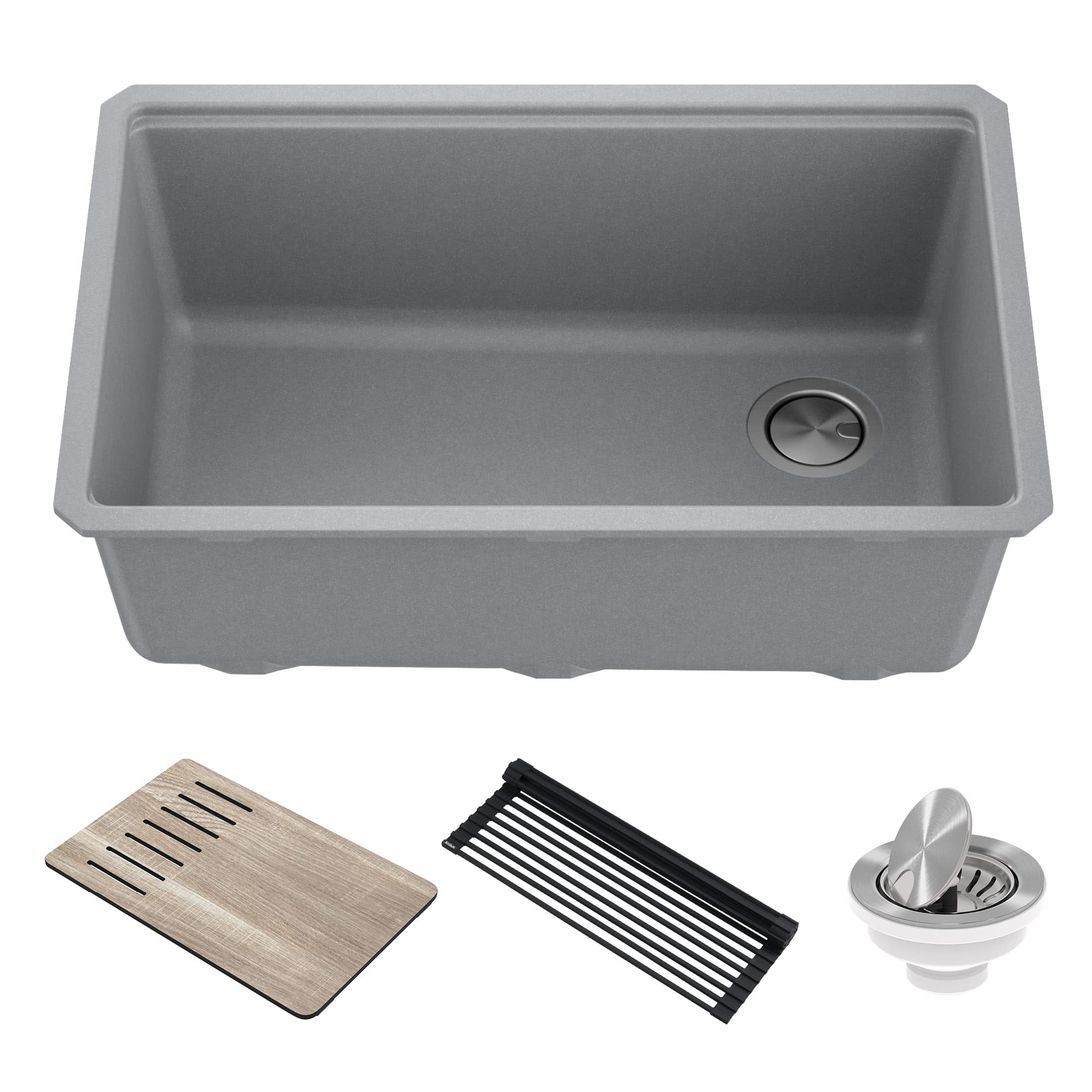 KRAUS Bellucci 30-Inch Undermount Workstation Granite Composite Kitchen Sink in Metallic Gray with Accessories (Model KGUW2-30MGR) - Perfect for Modern Kitchens, Food Prep, and Dishwashing
