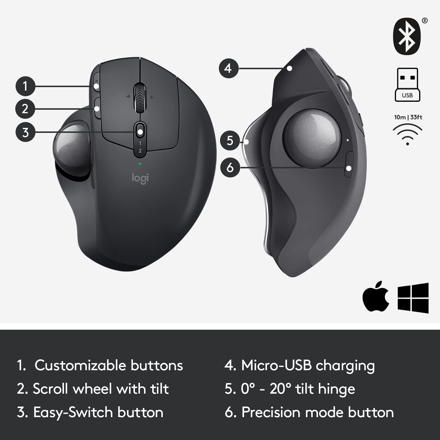 Logitech MX Ergo Wireless Trackball Mouse - Ergonomic Design, Bluetooth/USB Connectivity, Rechargeable for Windows & Mac - Perfect for Office Work, Graphic Design & CAD Professionals