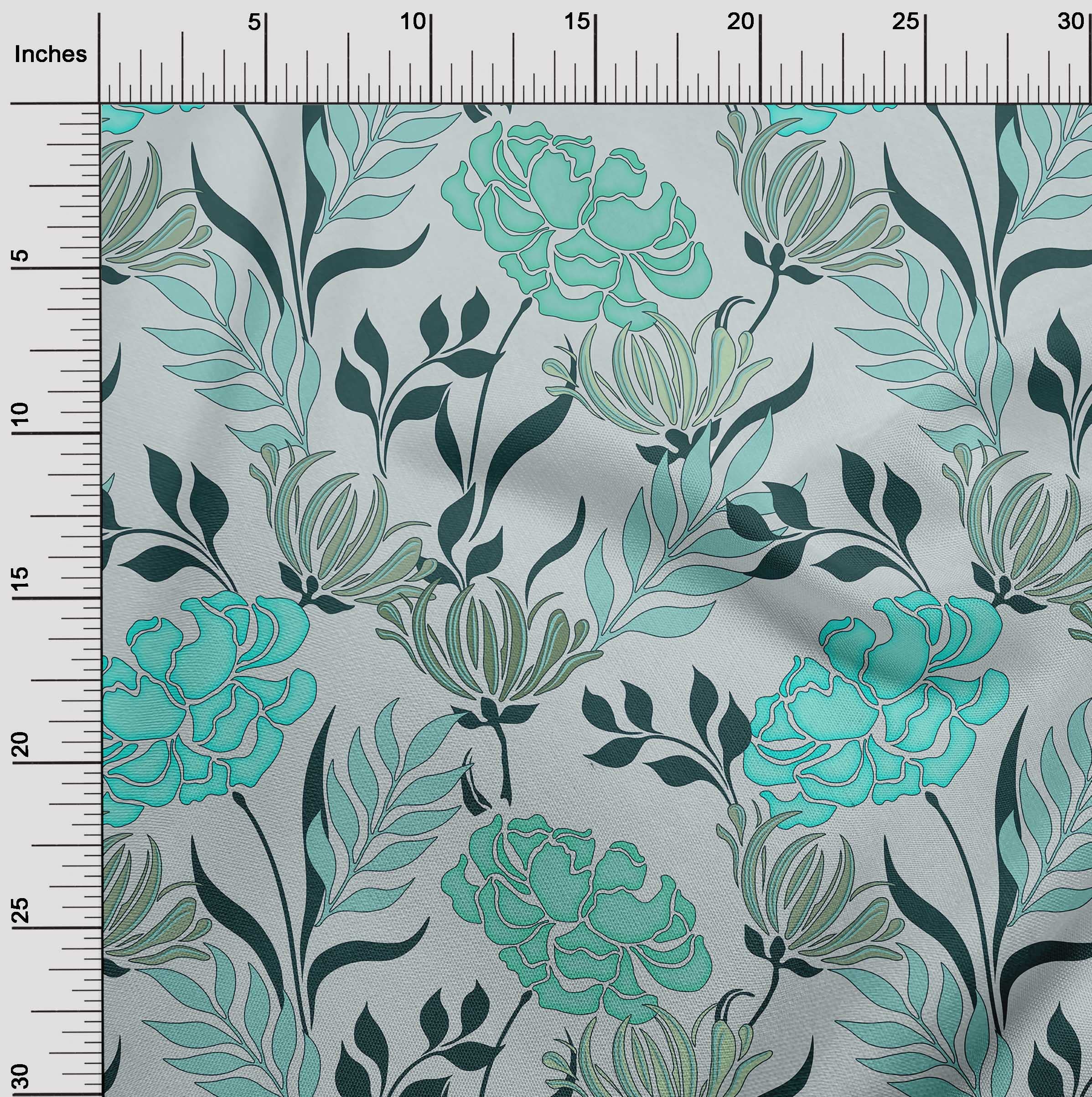 oneOone Velvet Turquoise Green Floral Print Fabric - 58 Inch Wide DIY Sewing Material for Clothing, Quilting & Home Decor | Retro Style Soft Fabric by The Yard