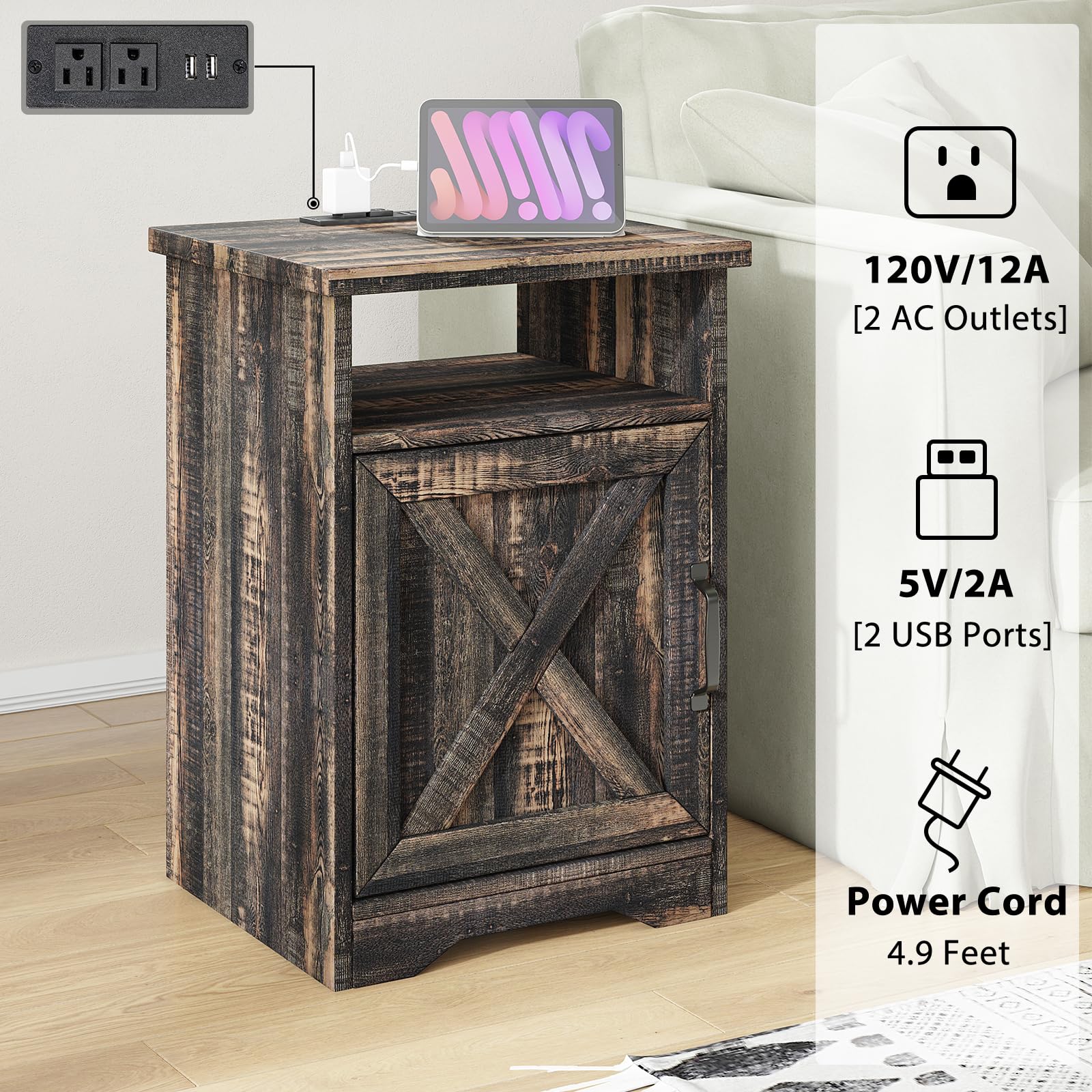 AMERLIFE 4-Piece Farmhouse Table Set - Sliding Barn Door TV Stand, Coffee Table & 2 End Tables with Charging Station & USB Ports - Dark Oak 66
