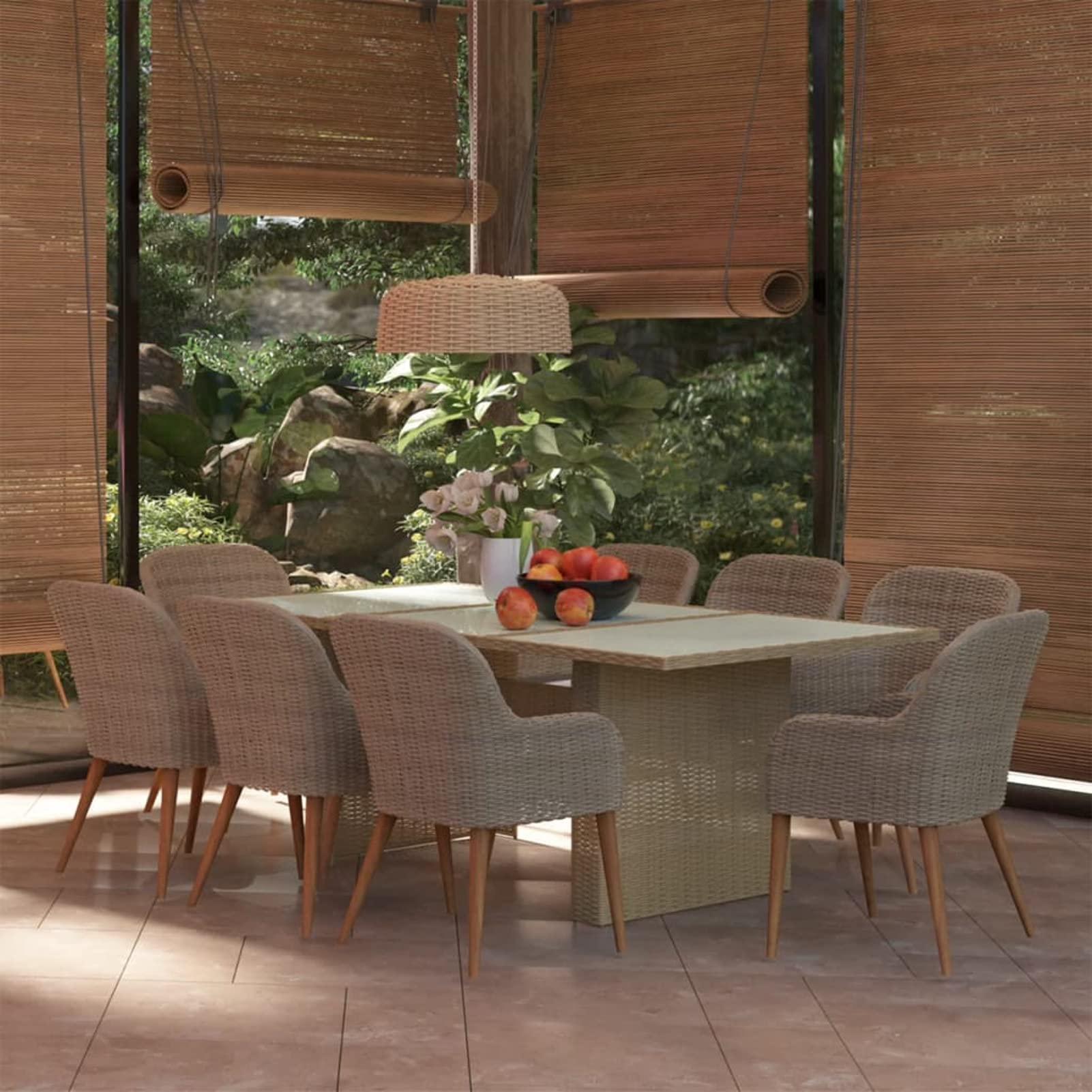 7-Piece Brown Poly Rattan Patio Dining Set - Outdoor Kitchen Table & 6 Chairs for Backyard, Garden, Poolside & Restaurant Use