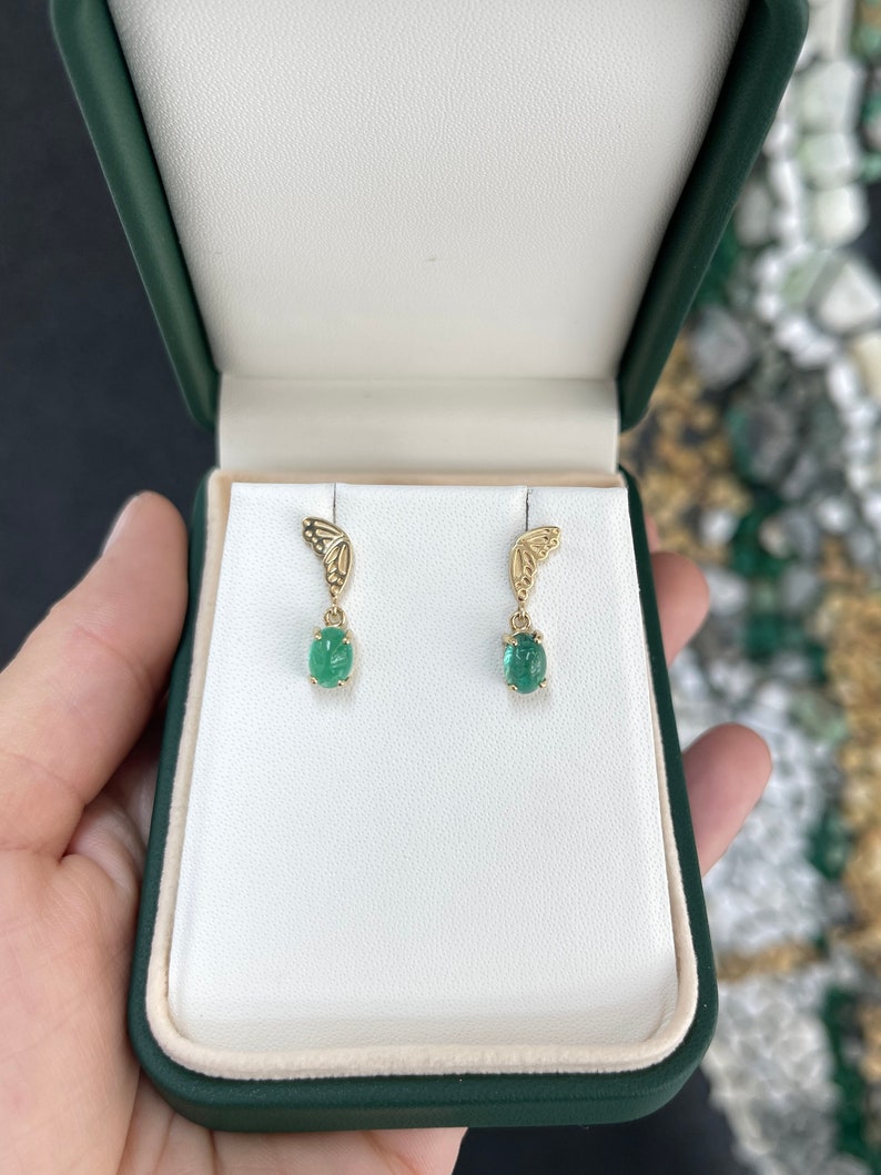 2.05tcw 14K Gold Green Oval Cabochon Emerald Half Butterfly Dangle Earrings for Women - Elegant Jewelry Gift for Wedding, Party & Special Occasions