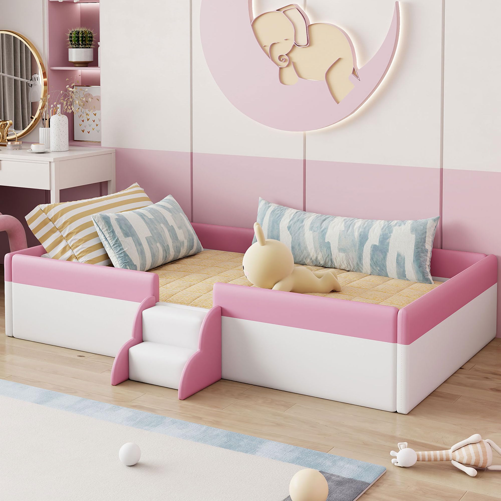 Montessori Full Size Floor Bed with Safety Fence & Stairs - PU Upholstered Kids Bed with Wooden Slats - Toddler Bed for Boys & Girls (Pink & White) - Perfect for Montessori Rooms, Daycare Centers & Safe Toddler Sleeping Spaces