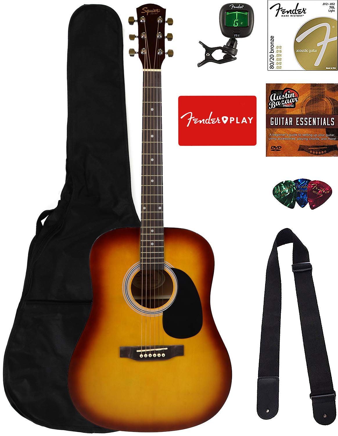 Fender Squier Dreadnought Acoustic Guitar Sunburst Bundle with Online Lessons, Gig Bag, Tuner & Accessories - Perfect for Beginners, Home Practice & Live Performances