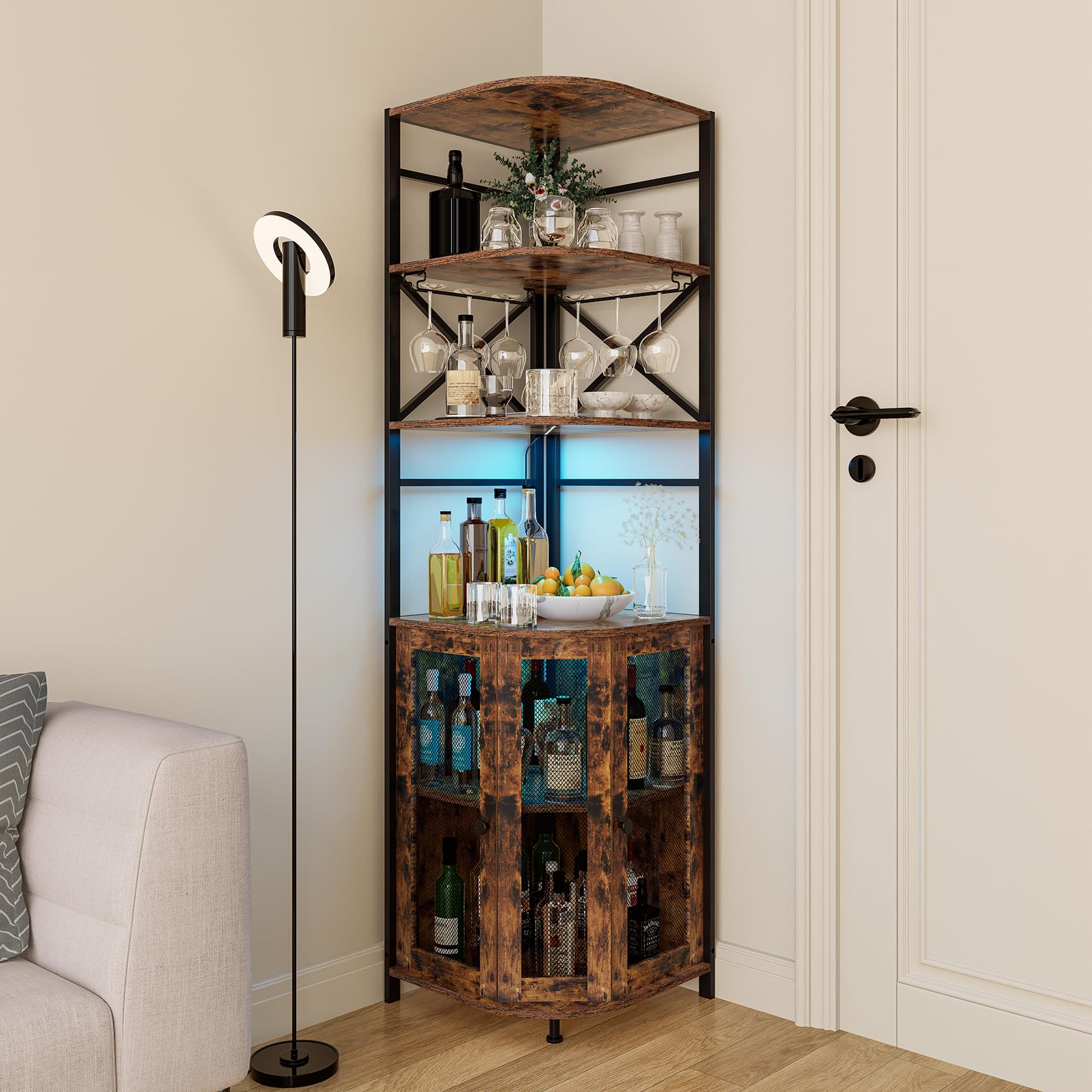 Industrial 6-Tier Wine Bar Cabinet with LED Lights, Power Outlet & Adjustable Glass Shelves - Corner Liquor Storage Cabinet for Home Bar, Dining Room or Christmas Gift