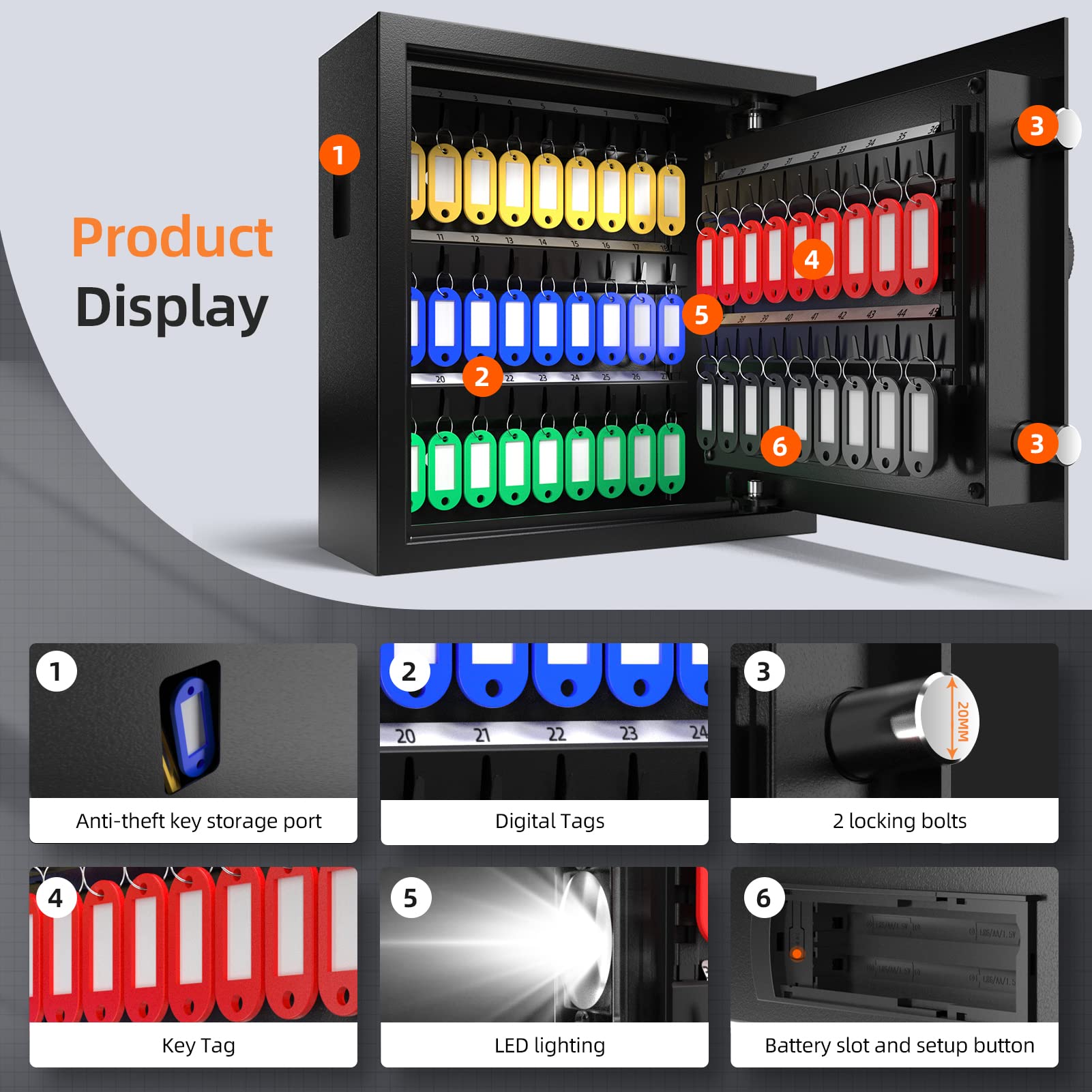 XDeer 45-Key Lock Box with Deposit Slot & LED Light - Wall Mount Key Storage Cabinet for Hotels, Offices & Homes - Secure Key Organizer for Front Desk, Rental Properties & Business Use