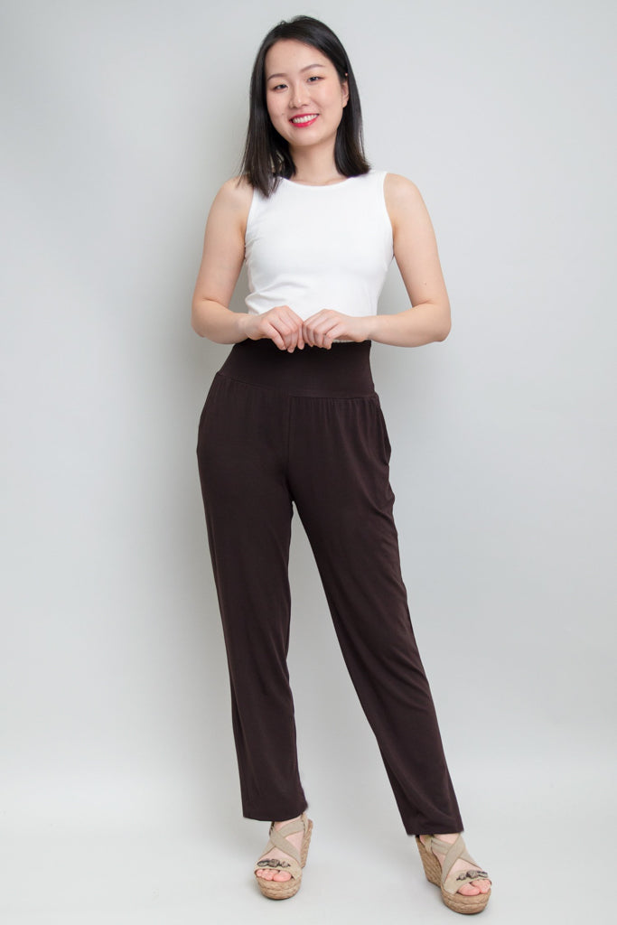 Clair Women's High Waisted Bamboo Pants - Soft & Comfortable Coffee Color for Yoga, Lounge & Travel