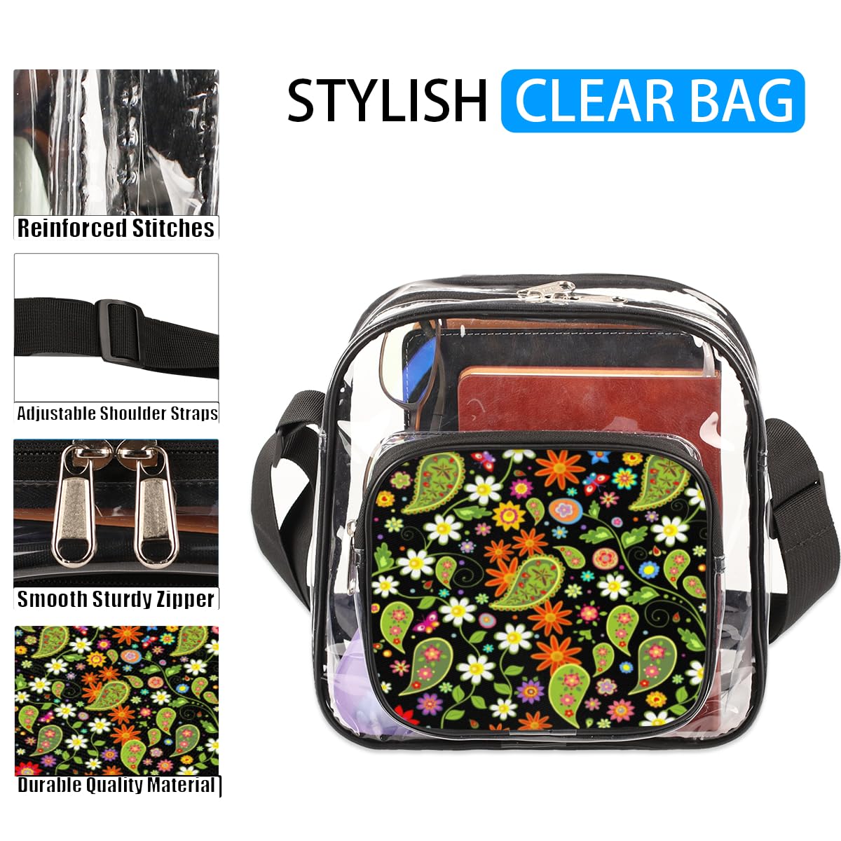 Mularoka Paisley Print Clear Crossbody Purse - Stadium Approved Transparent Bag for Women & Men - Fashionable Green Paisley Design for Concerts, Festivals & Sports Events - Perfect for Music Festivals, NFL Games & Theme Parks