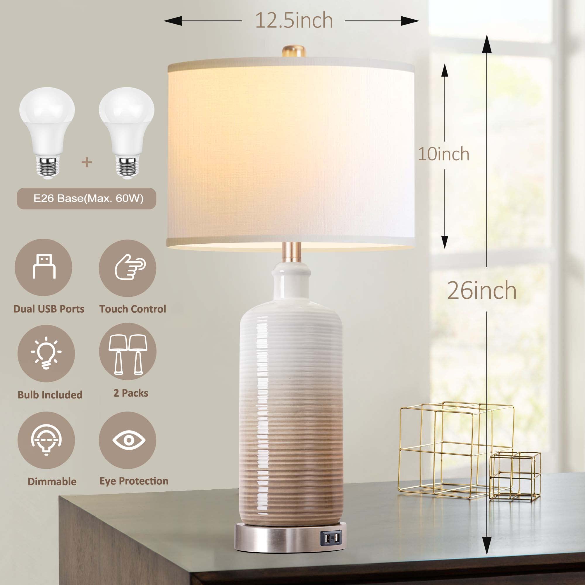 Modern Ceramic Table Lamps Set of 2 with Dual USB Charging Ports - 3-Way Dimmable Touch Control Bedside Nightstand Lamps for Bedroom & Living Room - White Linen Drum Shade with Included LED Bulbs - Perfect for Reading, Relaxing & Charging Devices