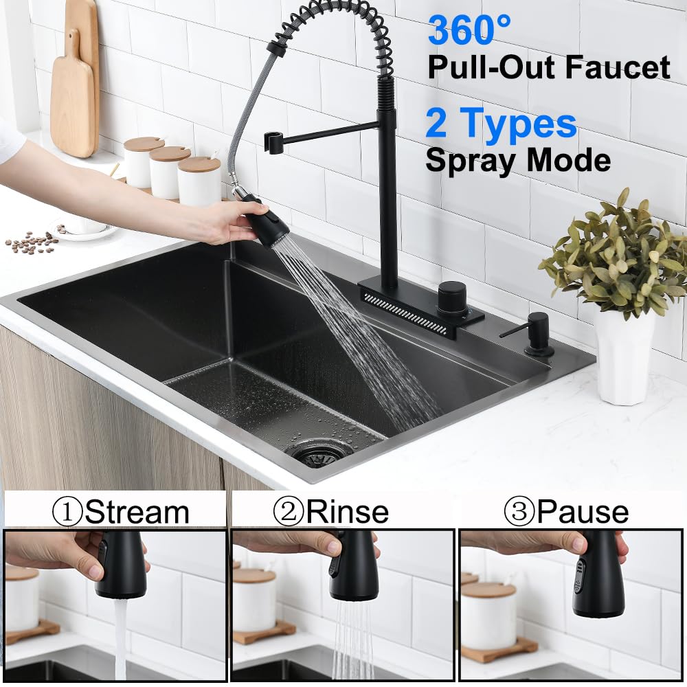 33x22 Inch Gunmetal Black Stainless Steel Drop-in Kitchen Sink Workstation with Waterfall Faucet Combo - 16 Gauge Top Mount Multifunctional Single Bowl Sink for Modern Home & Restaurant Use
