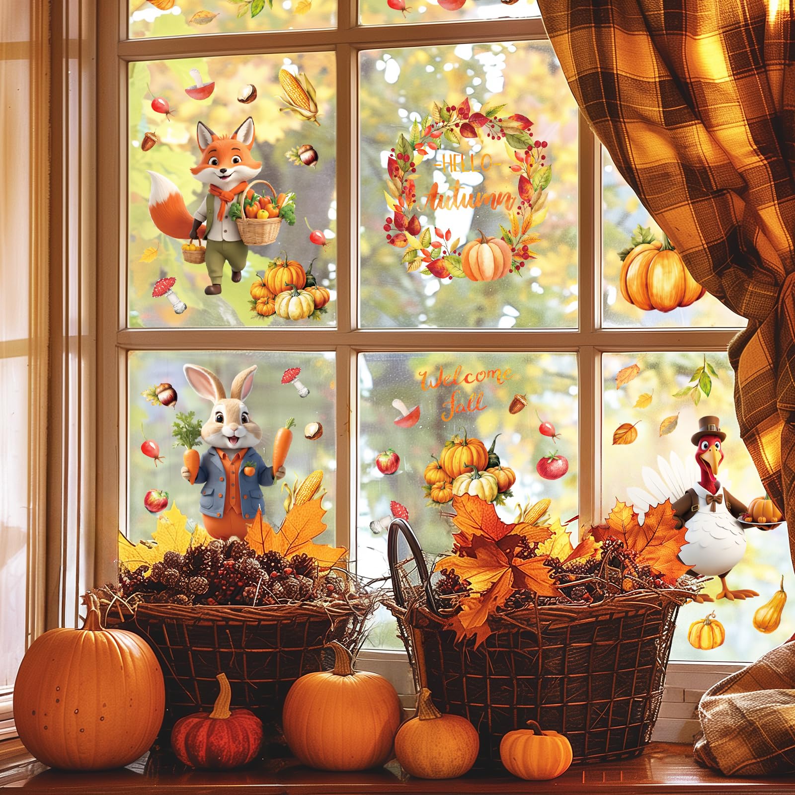 Joyoldelf 88-Piece Autumn Window Stickers Set - Fall Home Decor with 3D Animated Scarecrow, Bear & Rabbit Designs - Thanksgiving Window Clings for Glass Doors & Windows - Perfect for Seasonal Home Decorating & Holiday Parties