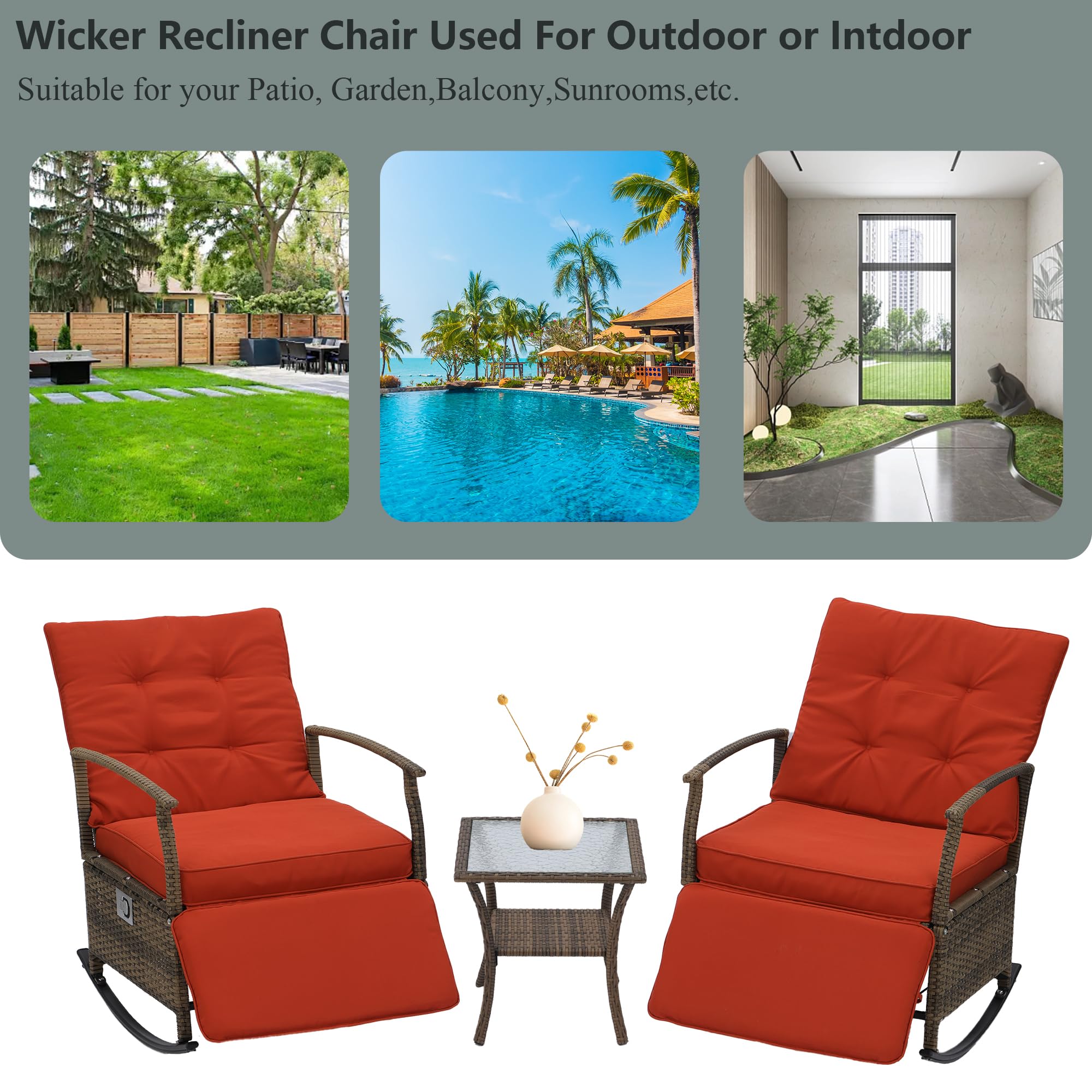 **Outdoor Rocking Chairs - Adjustable Rattan Recliner Chairs with Thick Cushions & Removable Glass Tabletop - PE Wicker Patio Furniture Set (Red) - Perfect for Backyard, Garden, Poolside & Balcony Relaxation**