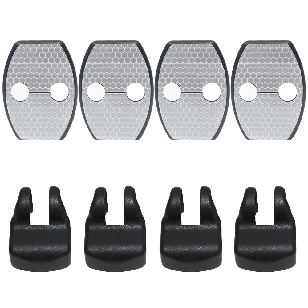 Waterproof Reflective White Auto Door Lock Striker Cover 4pcs + Door Arm Stopper Cover 4pcs for Toyota Camry Corolla RAV4 - Durable Car Accessories for Night Safety & Door Protection