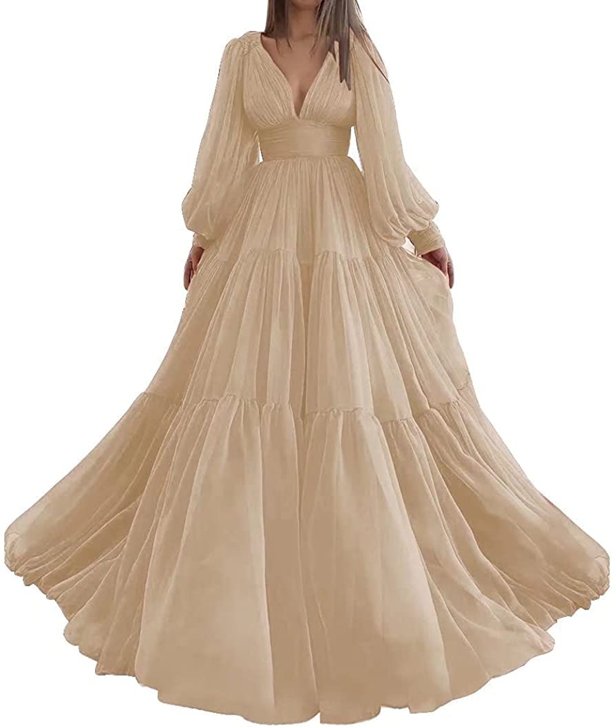 Elegant Long Puffy Sleeve Prom Dress with Tulle Ball Gown & V-Neck for Women | A-Line Formal Evening Party Gown for Homecoming, Wedding Guest, Quinceañera, and Special Occasions