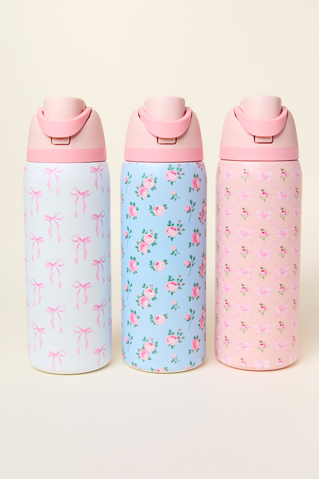 Floral 'N Bow Pink 32 Oz Water Bottle - Insulated Stainless Steel Tumbler with Straw & Lid, Leakproof for Gym, Office, School & Outdoor Activities