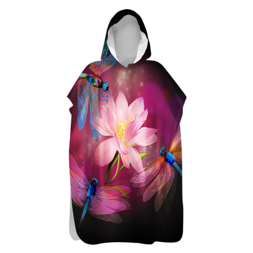 Dragonflies and Lotus Hooded Beach Poncho - Quick Dry Swim Cover Up for Women - Perfect for Beach, Pool, and Summer Outings