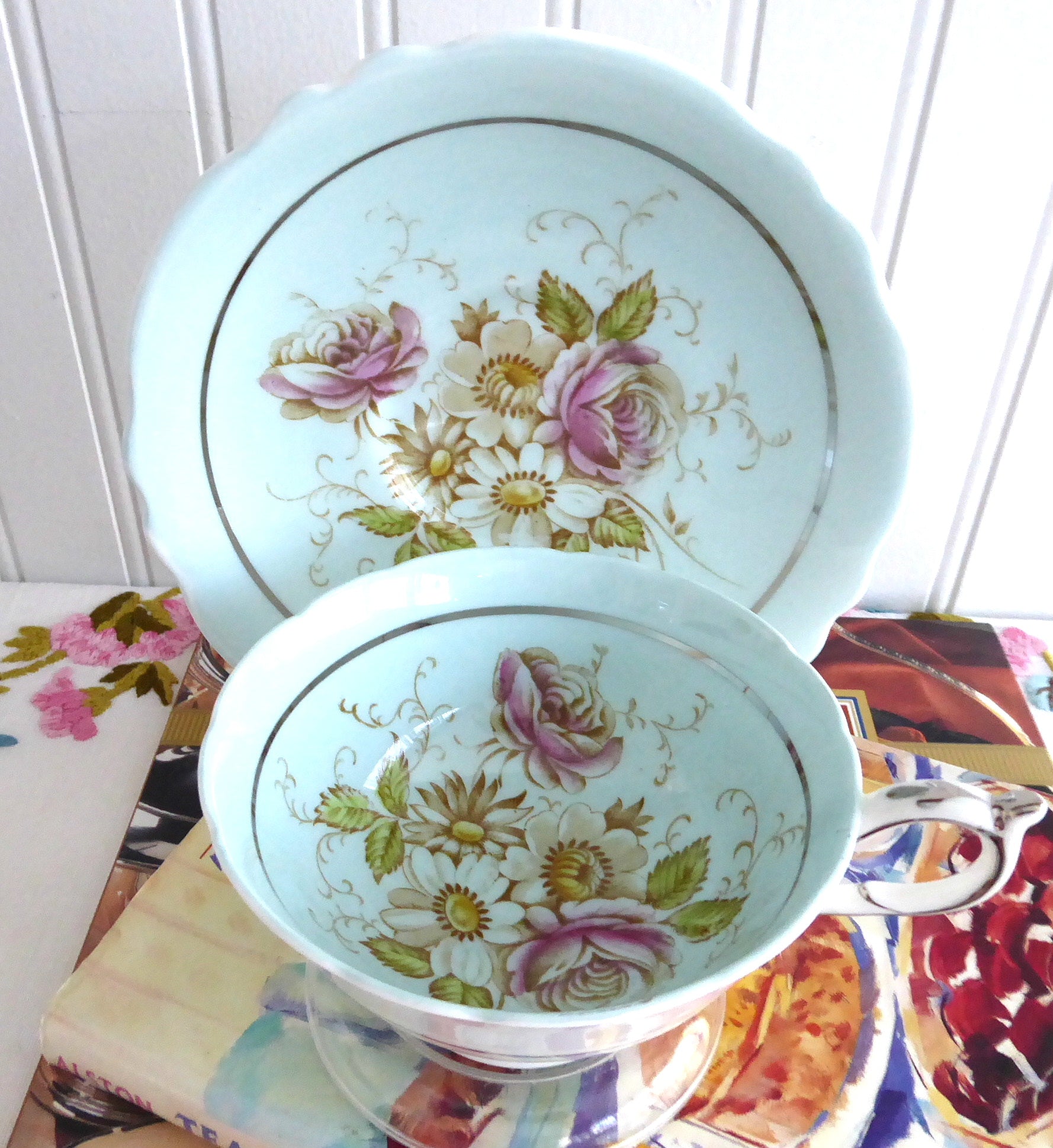 Vintage 1940s Hand-Painted Floral Paragon Cup and Saucer Set - Robin's Egg Blue with Platinum Trim | Elegant Tea Time, Bridal Shower, and Antique Collectible