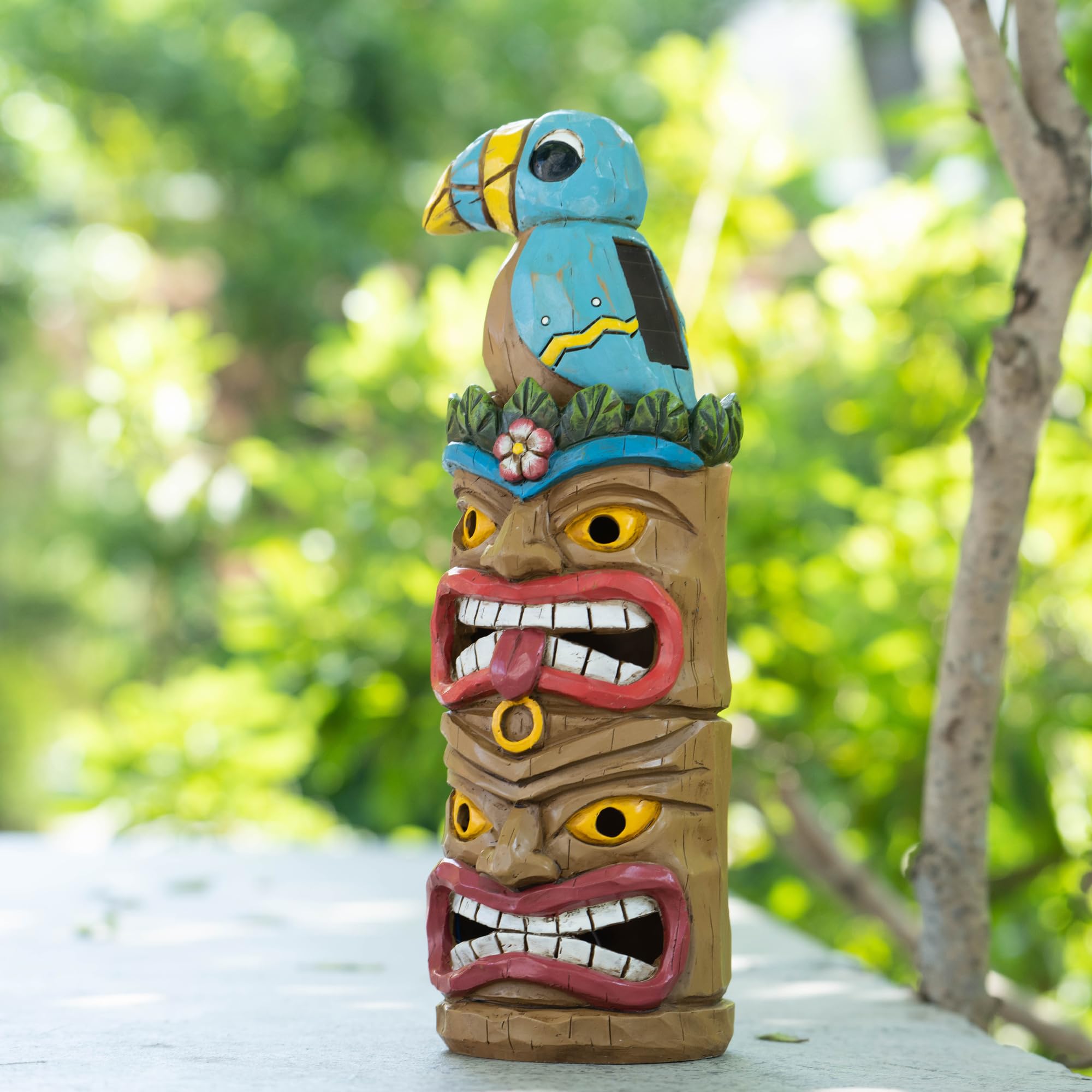 Solar-Powered Tiki Totem Pole - 12.32 Inch Tall Outdoor Tiki Decor for Tiki Bars, Patios, Balconies, Yards & Backyards - Perfect for Tropical-Themed Parties & Luau Decorations