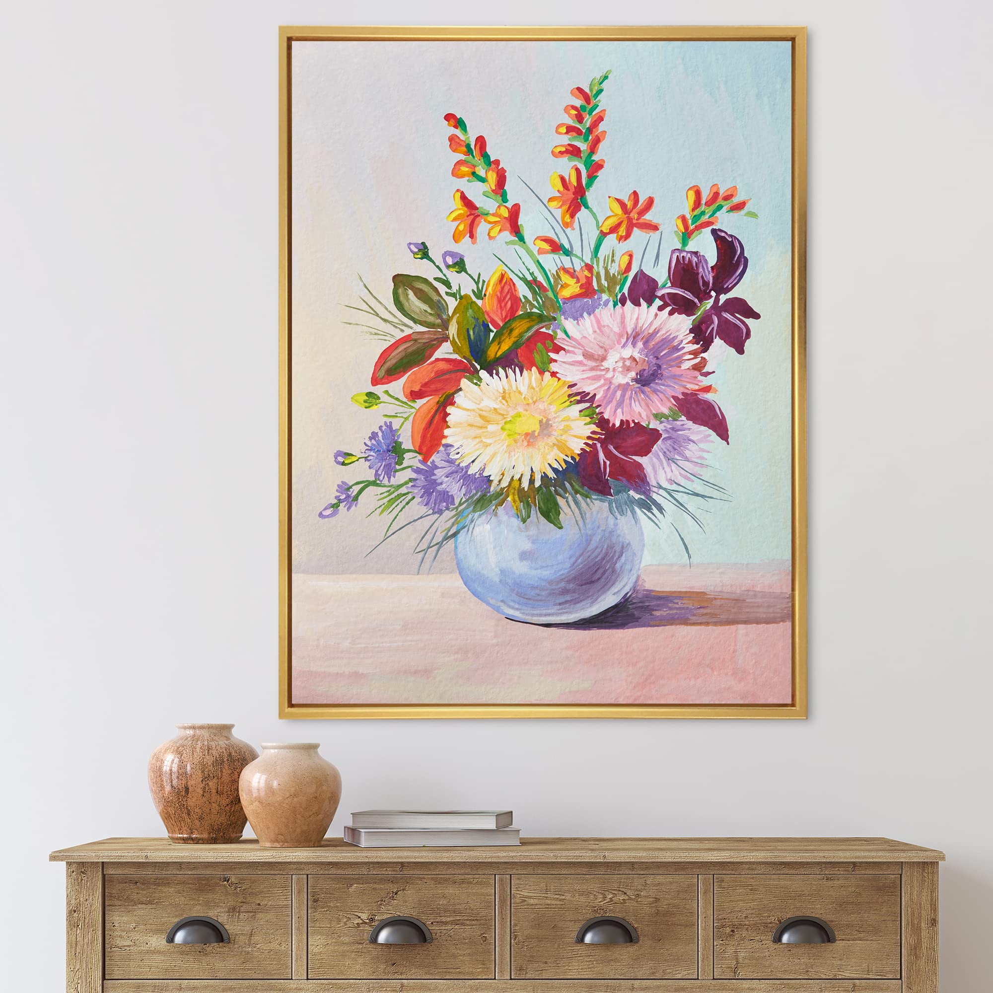 DesignQ Still Life With Asters in White Vase - Traditional Framed Canvas Wall Art Print for Living Room, Bedroom & Office Decor