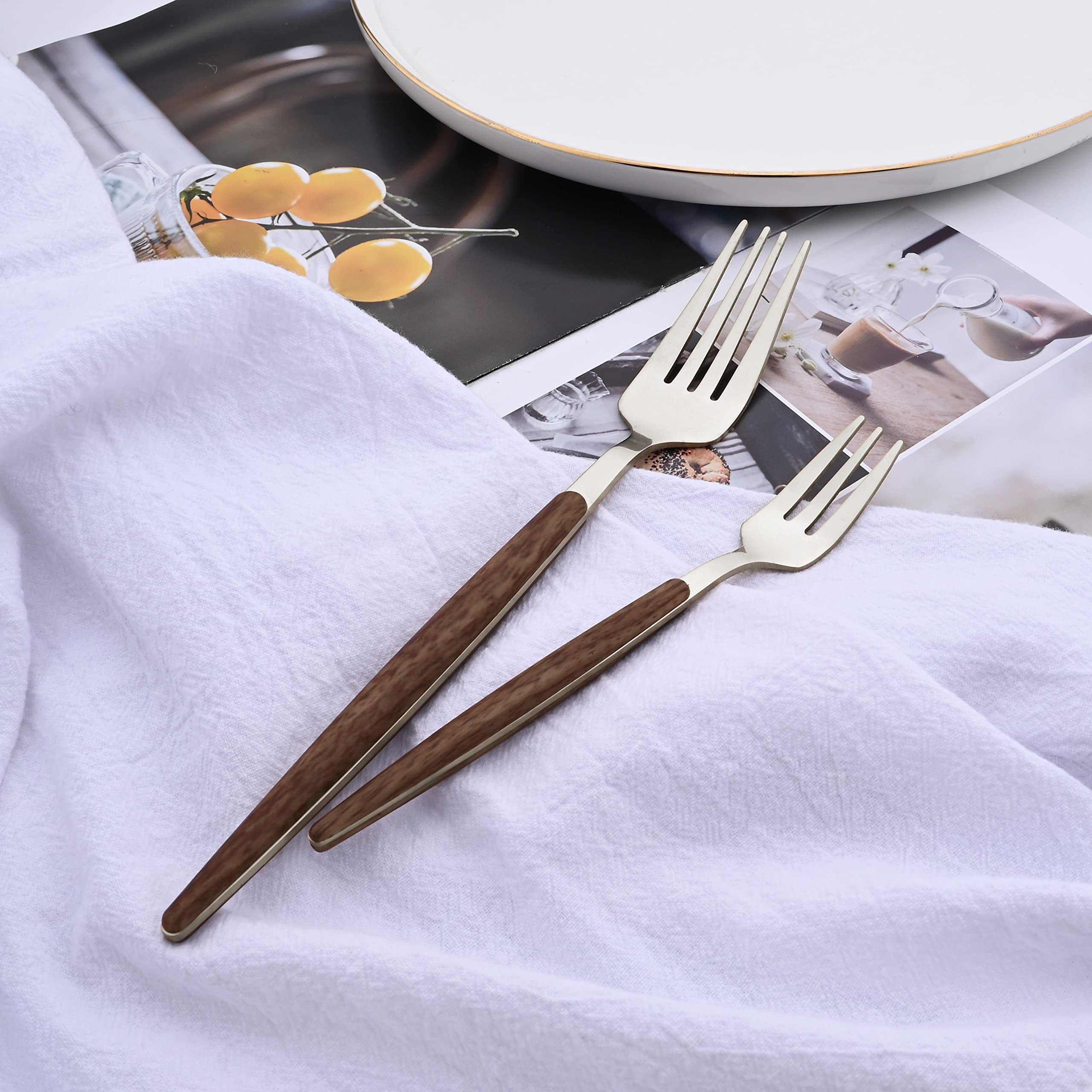 6-Piece Stainless Steel Dinner Forks Set with Wooden Effect Handle - Mirror Finish, Dishwasher Safe - Perfect for Home, Kitchen, Restaurant & Hotel Use (8.27 Inches) - Ideal for Fine Dining, Dinner Parties & Everyday Meals
