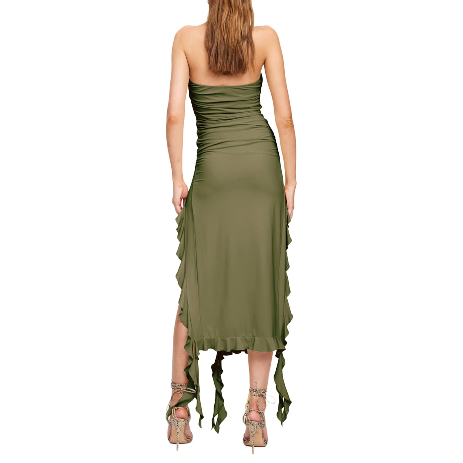 Sexy Strapless Ruffle Hem Maxi Dress for Women - Elegant Tassel Bodycon Long Dress for Cocktail Party, Night Club & Evening Events