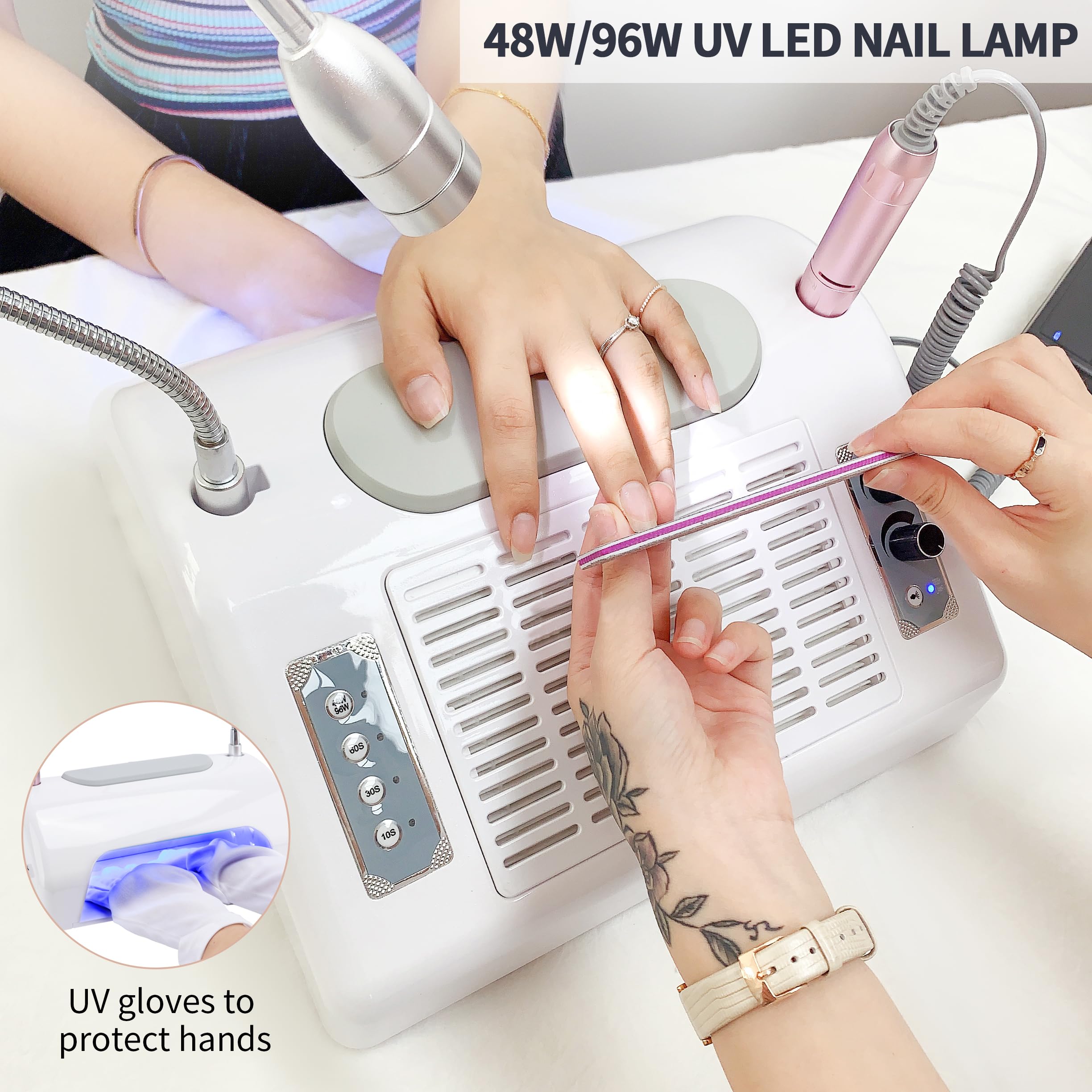 Professional Nail Dust Collector Vacuum System - 40W Dust Suction, 30000RPM Nail Drill with Bits & Sanding Bands, 48W/96W UV LED Nail Lamp, 6W Table Light & Hand Cushion - Perfect for Salon, Home Nail Art & Manicure/Pedicure Services