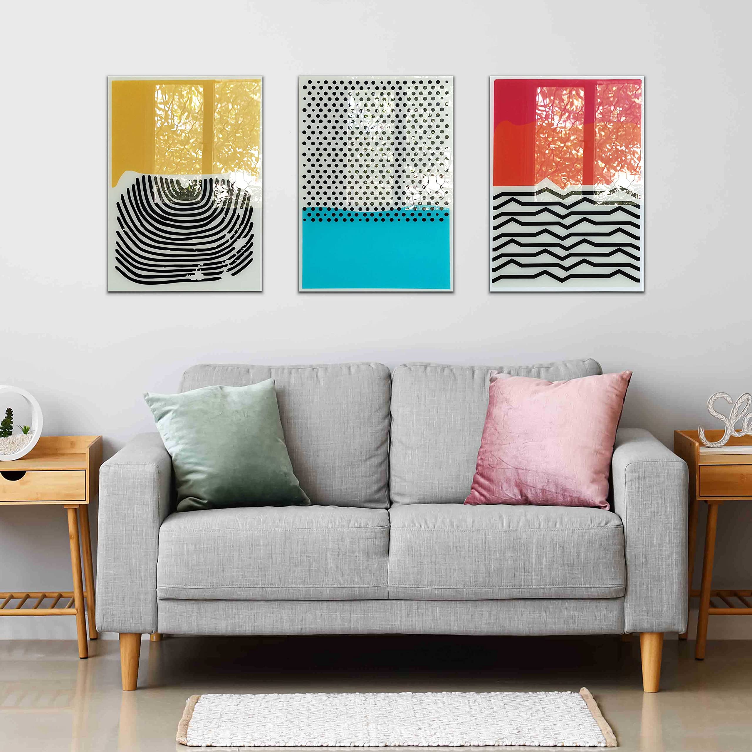 Premium Tempered Glass Wall Art Set - Modern 3-Piece Glass Poster Decor for Living Room - Shatterproof 36