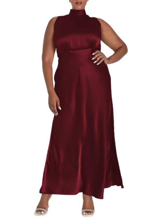 2025 Elegant Plus Size Sleeveless Mock Neck Satin Maxi Dress for Women - Formal Wedding Guest & Cocktail Party Silk Dress | Perfect for Summer Weddings, Evening Galas & Special Occasions