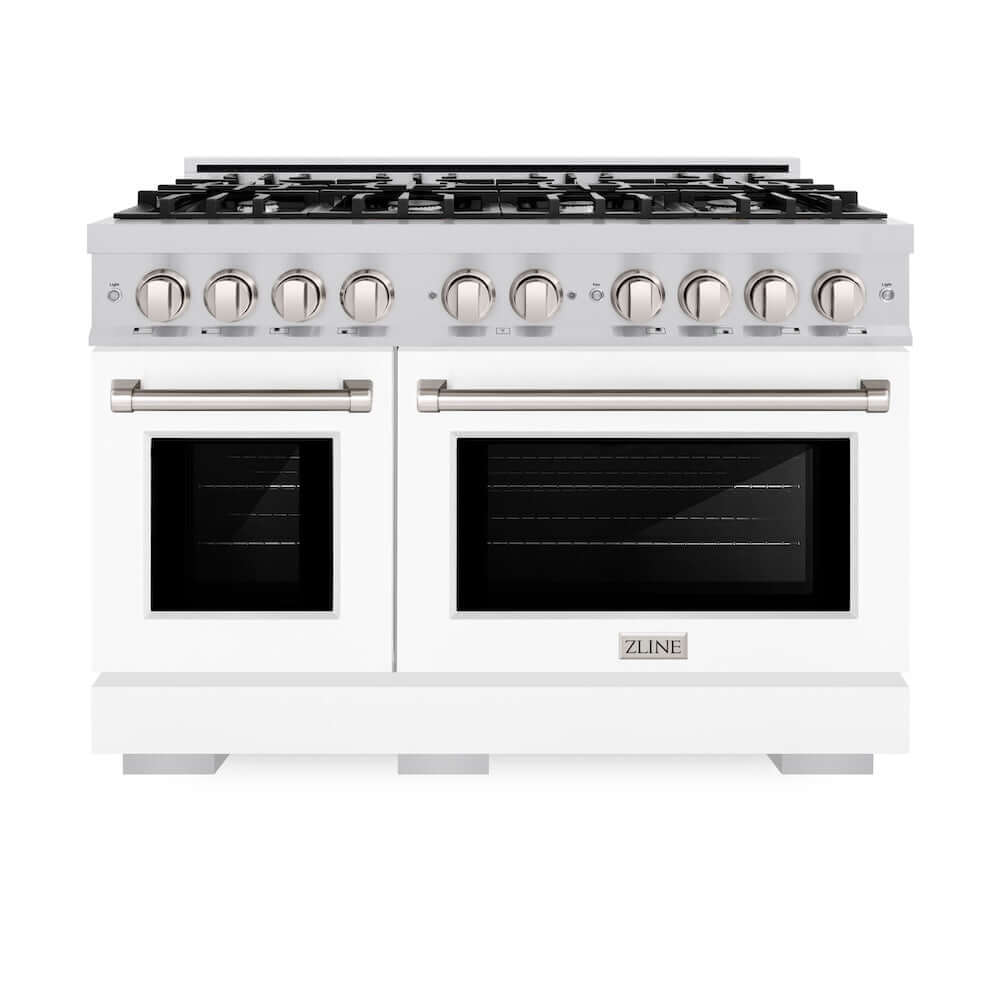 ZLINE 48-Inch 6.7 cu. ft. Stainless Steel Double Oven Gas Range with 8-Burner Cooktop & White Matte Doors (HGR WM 48) - Perfect for Large Kitchens & Entertaining