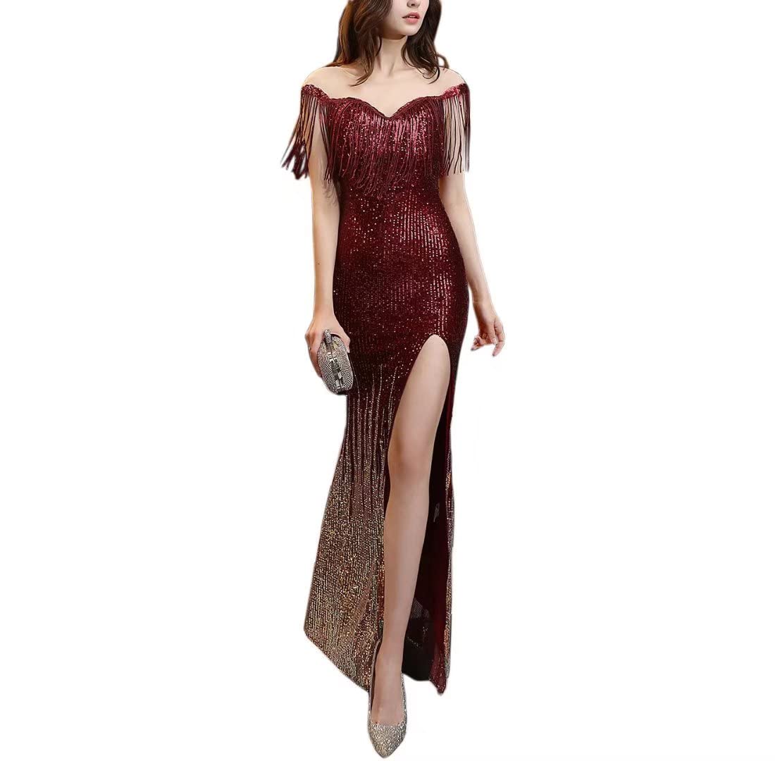 Mordarli Women's Gradient Sequin Split Evening Prom Dress Long Formal Gown with Tassel Beading - Perfect for Prom, Homecoming, Black Tie Events & Special Occasions