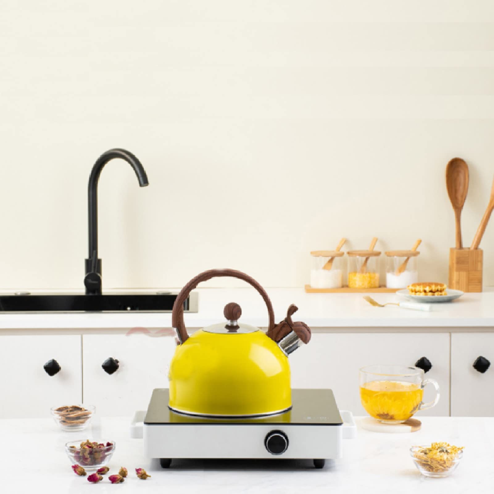 Premium 2.5L Stainless Steel Whistling Tea Kettle for Stovetop - Wood Grain Handle with Loud Whistle - Yellow - Perfect for Home, Office & Camping Tea Brewing