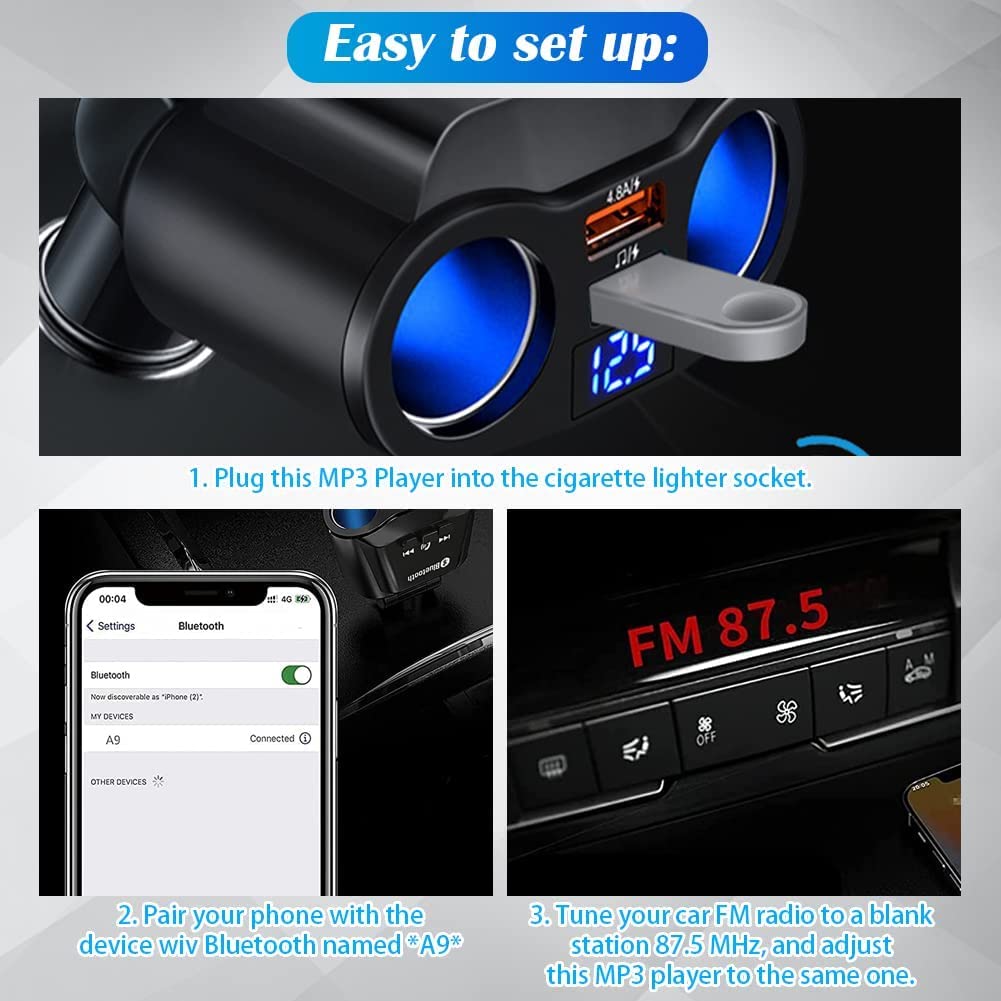 Bluetooth FM Transmitter for Car with Dual USB Charger - Power IQ 3.0 Fast Charging, Wireless Music Player & Hands-Free Calling Kit - Perfect for Road Trips & Commuting