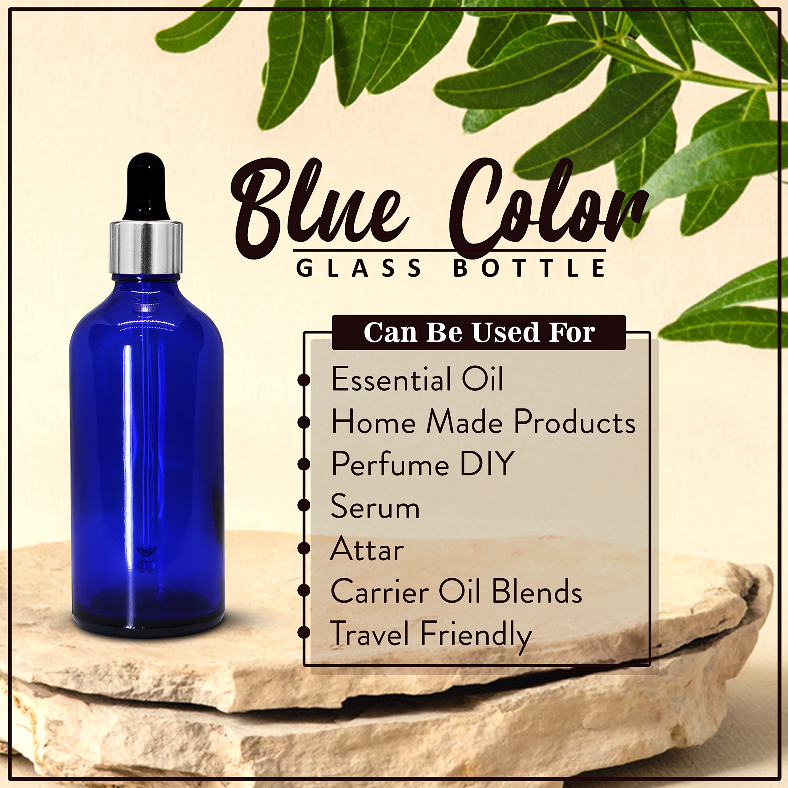 NSB Herbals 100ml Blue Round Empty Glass Bottle with Glass Dropper, Silver Ring & Black Silicone Teat - Leakproof Refillable Essential Oil Bottles for DIY Perfumes, Aromatherapy, Travel (Pack of 3)