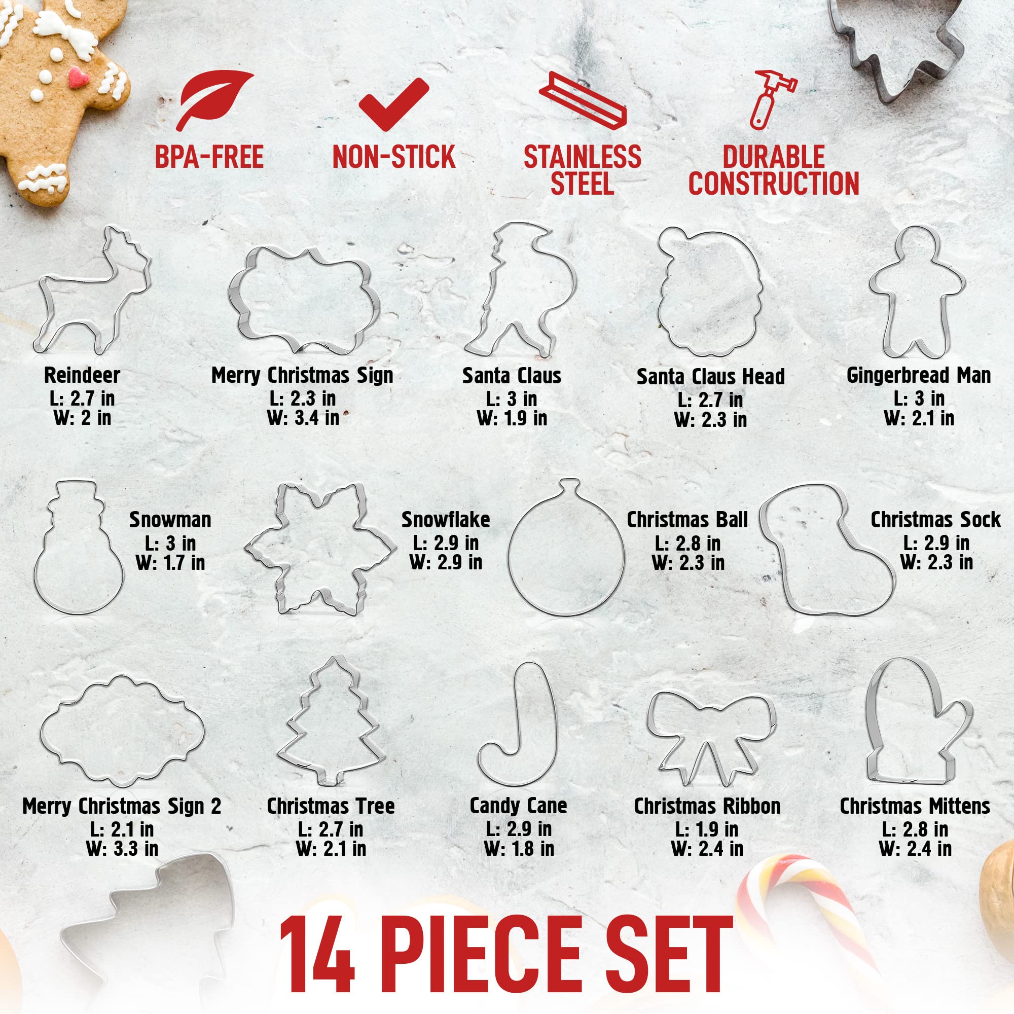 Zulay 14-Piece Stainless Steel Christmas Cookie Cutters Set - Durable Non-Stick Holiday Baking Tools with Folded Edges & Assorted Designs - Perfect for Gingerbread, Sugar Cookies, Biscuits & DIY Christmas Decorations