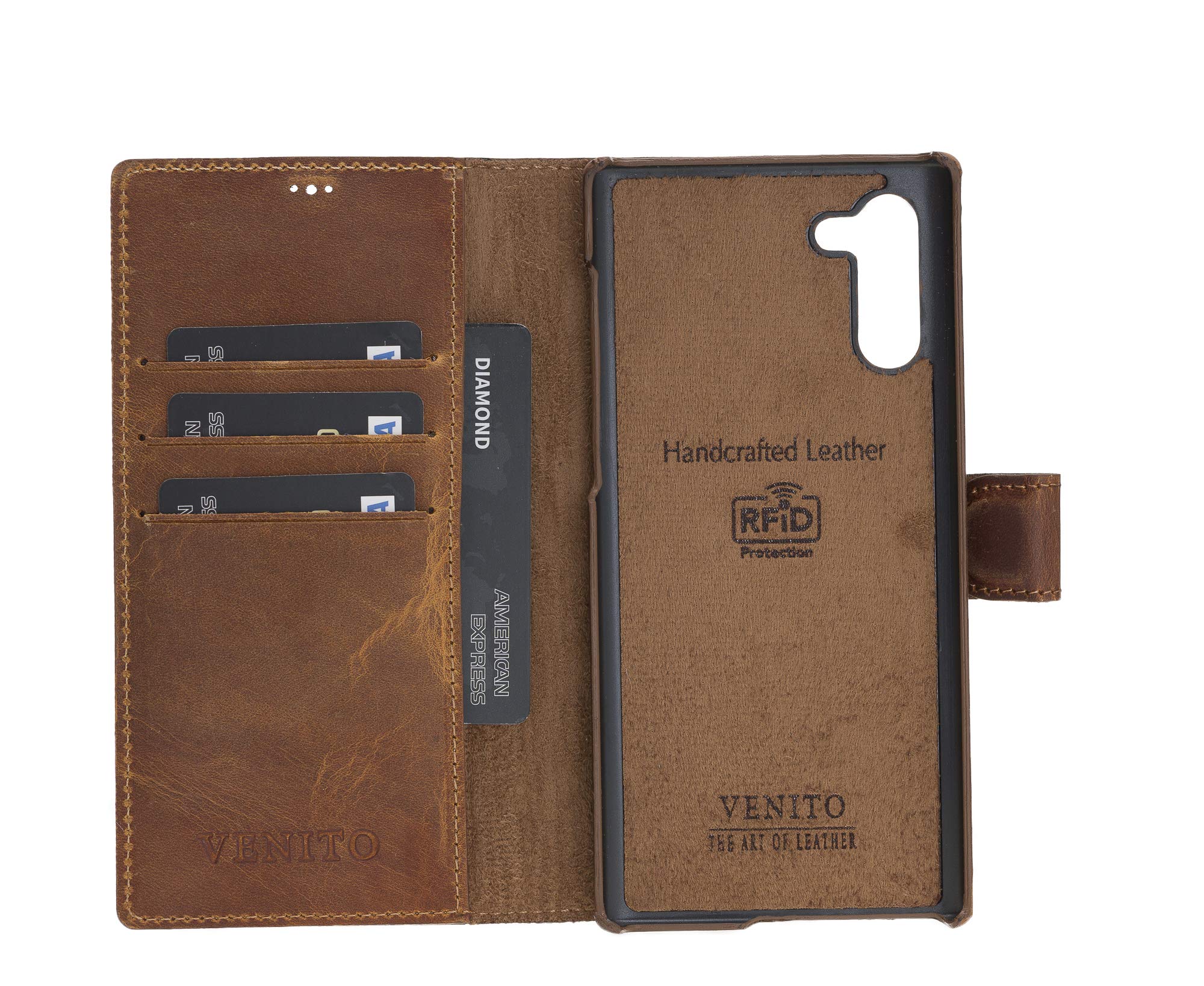 Venito Florence Genuine Leather Wallet Phone Case for Samsung Galaxy Note 10 - RFID Blocking Protection - Detachable Magnetic Wallet - Antique Brown - Perfect for Travel, Business & Everyday Use