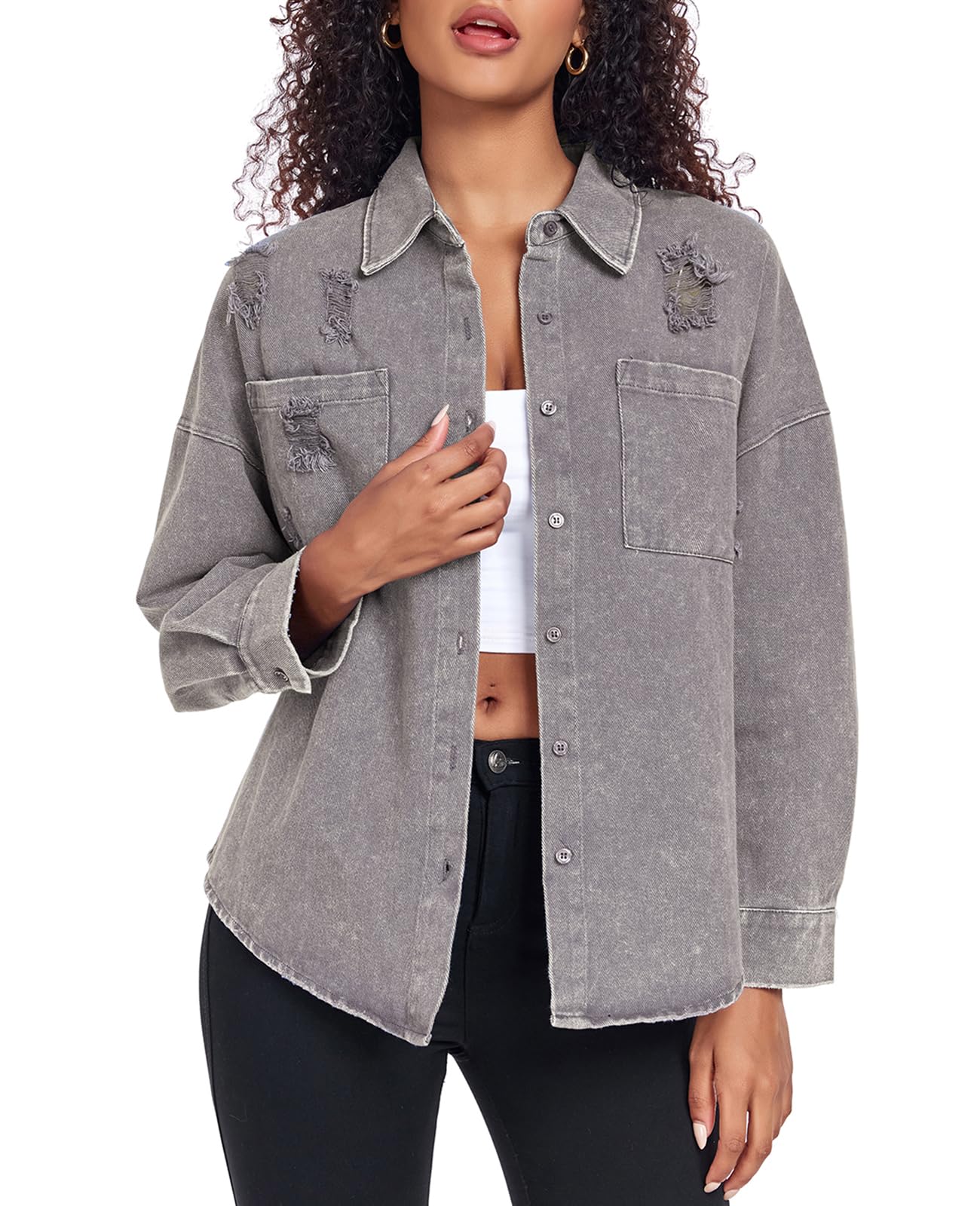 Women's Oversized Denim Jacket - Distressed Boyfriend Style Button Down Jean Coat with Pockets | Casual Outfit, Streetwear Fashion, Spring & Fall Layering Essential