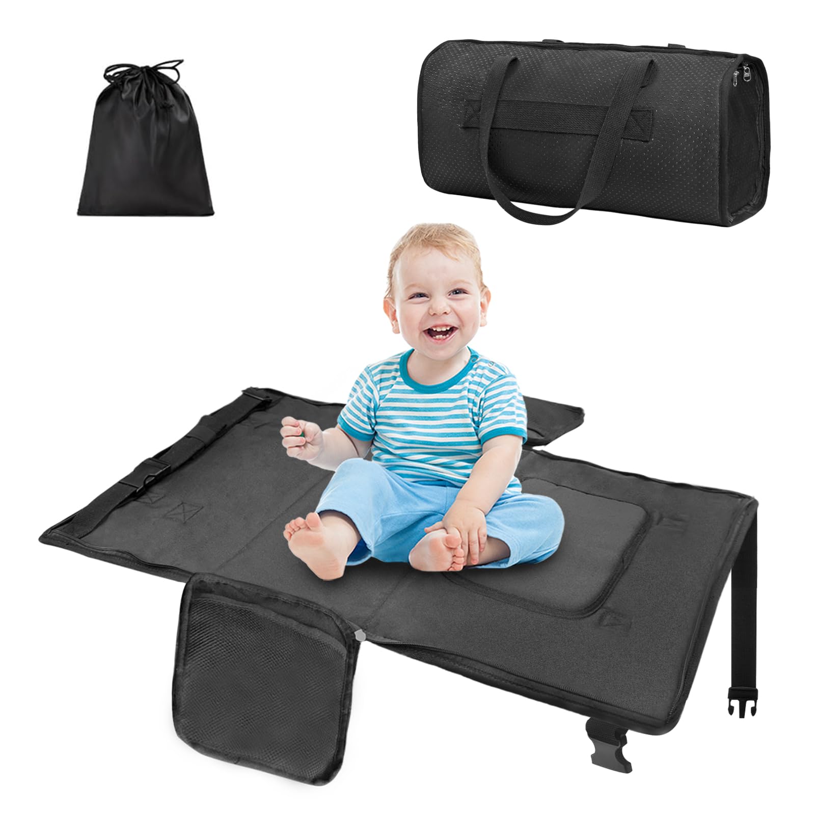 2-in-1 Toddler Airplane Bed & Travel Bag - Portable Kids Plane Seat Extender & Carry-On Duffel - Baby Flight Essentials Footrest for Infants - Perfect for Air Travel, Gym & Hospital Weekender (Black)
