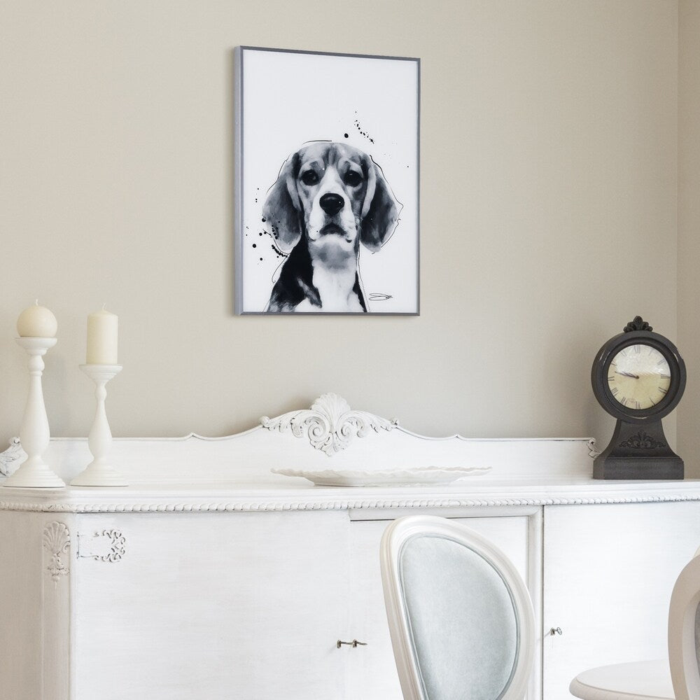 Beagle Black and White Dog Wall Art - Reverse Printed Glass with Gunmetal Anodized Frame - Perfect for Living Room, Bedroom & Office Decor