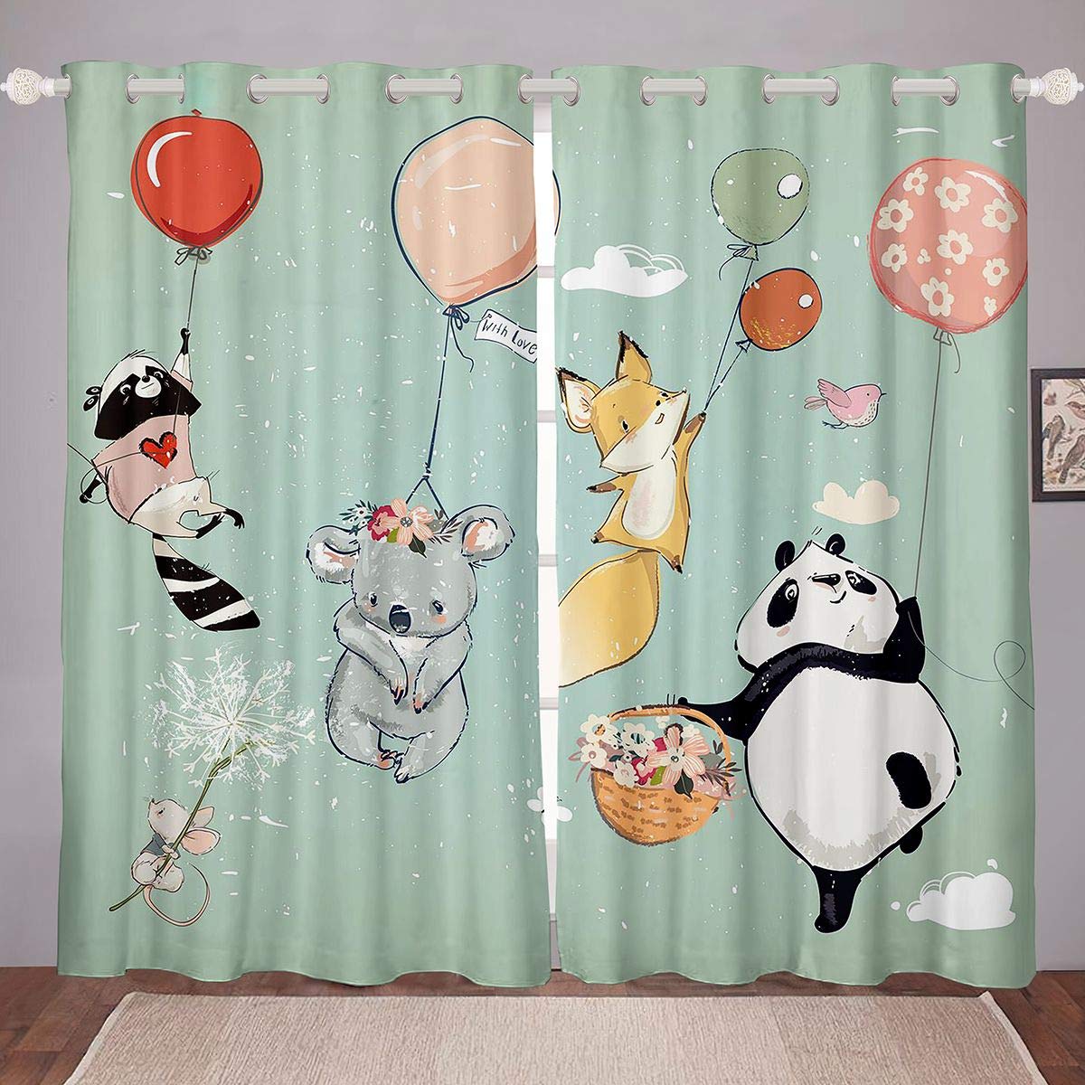 Cute Animal Print Curtains - Panda, Elephant, Fox & Bird Design for Bedroom & Living Room | Zoo & Nature Themed Window Drapes (52x63 Inch, 2 Panels) | Perfect for Kids' Rooms, Nursery & Playroom Decor