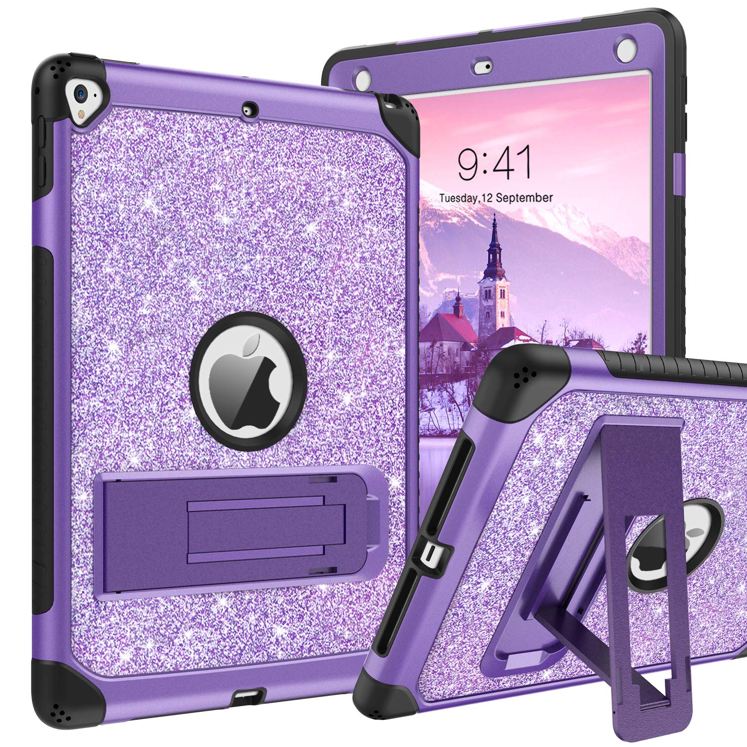 DUEDUE iPad 9.7 Case (2017/2018) & iPad Air 2 Case - 6th/5th Gen Protective Cover with Kickstand | Shockproof Glitter Bling Hard PC Shell | Perfect for iPad Pro 9.7 - Purple | Ideal for School, Work & Travel Protection