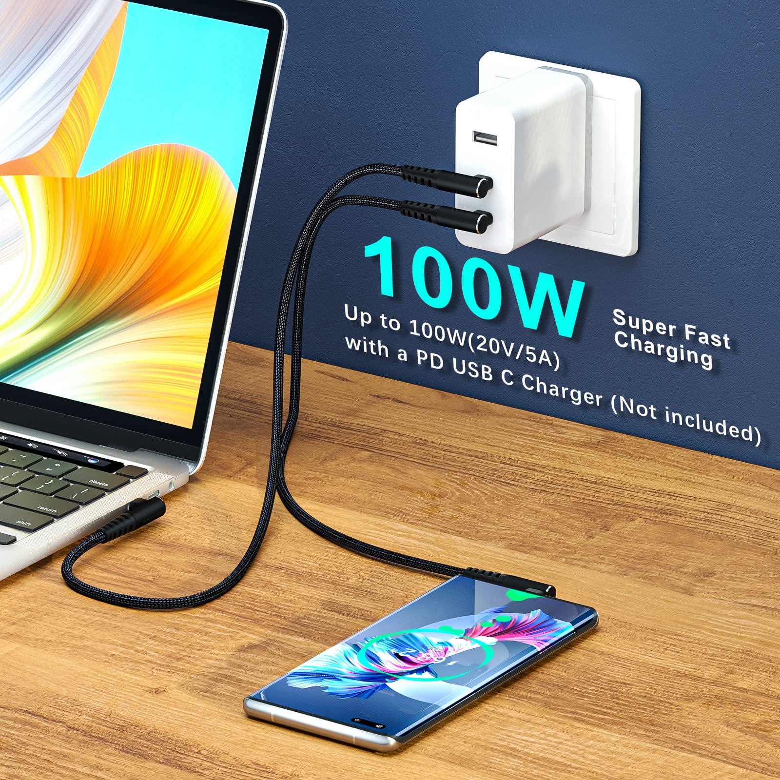 100W USB C to USB C Fast Charging Cable 1ft 3 Pack - 90 Degree Right Angle Nylon Braided Type C Cable - Compatible with MacBook Pro 2021, iPad Pro 2021, Samsung Galaxy, Google Pixel, LG - Perfect for Home, Office & Travel Charging
