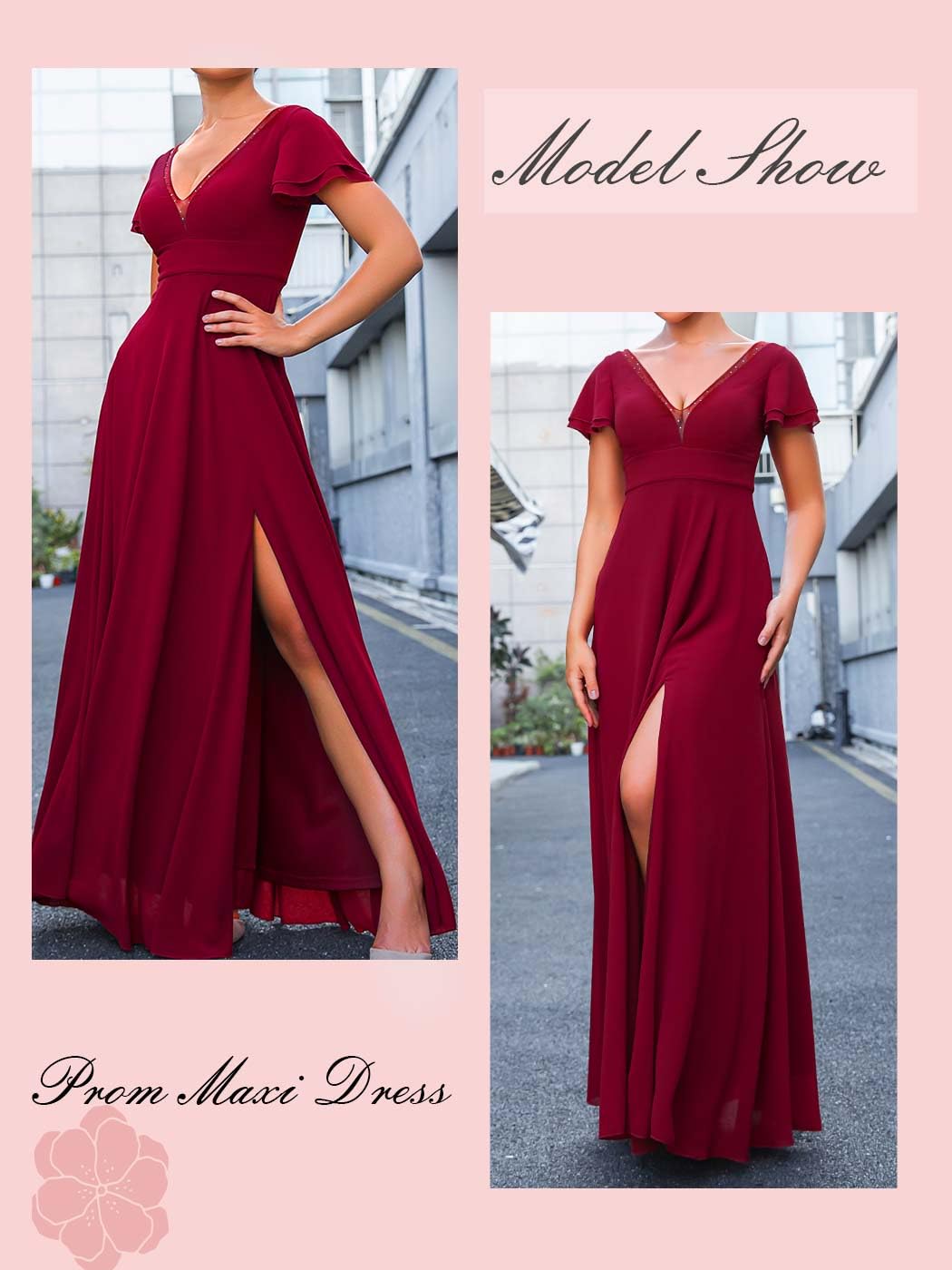 Elegant Aukmla Women's Red V-Neck Short Cap Sleeve Wedding Guest Dress - Formal Evening Gown for Bridal Shower, Cocktail Party & Special Occasions