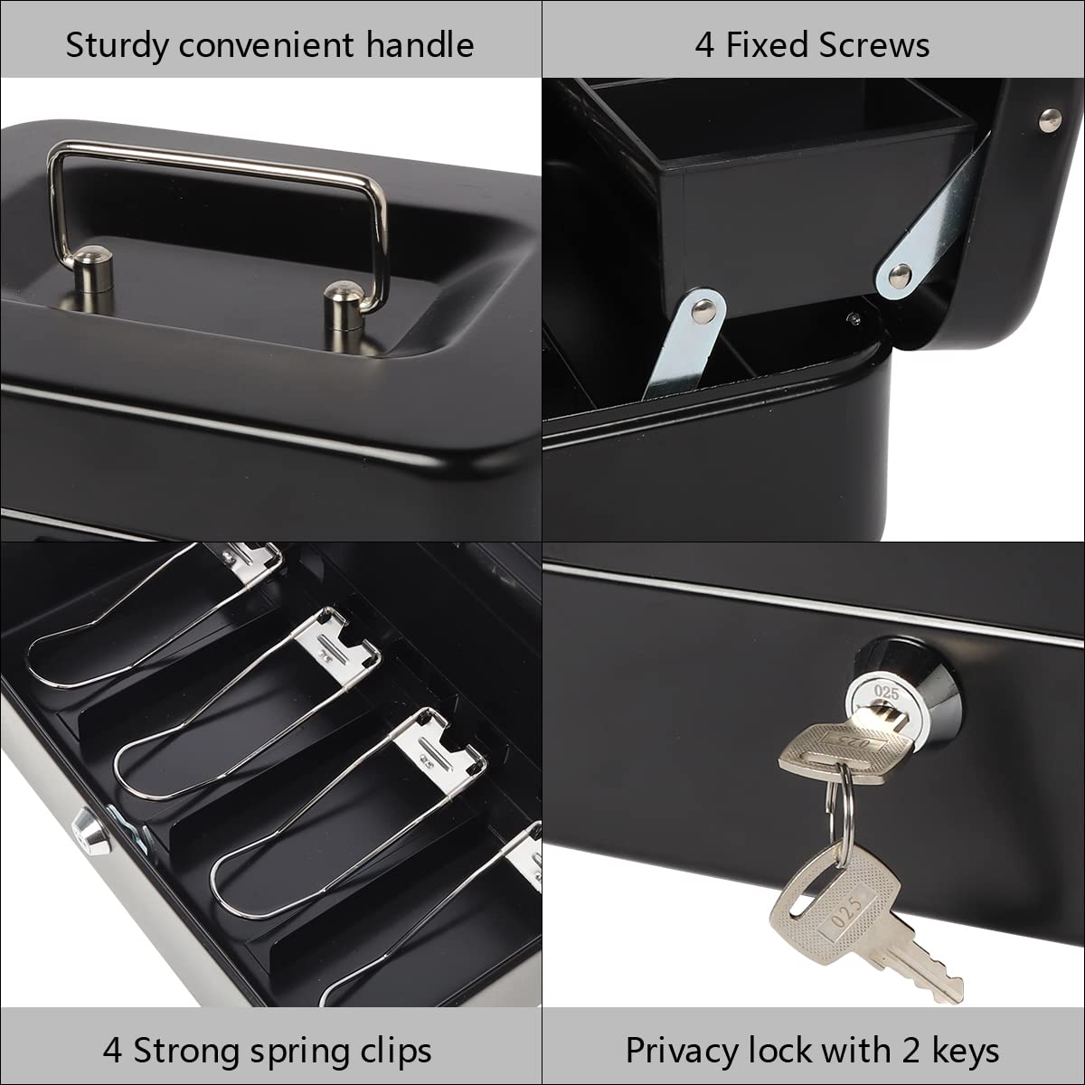 Kasten Large Black Metal Cash Box with Money Tray & Key Lock - 11.8