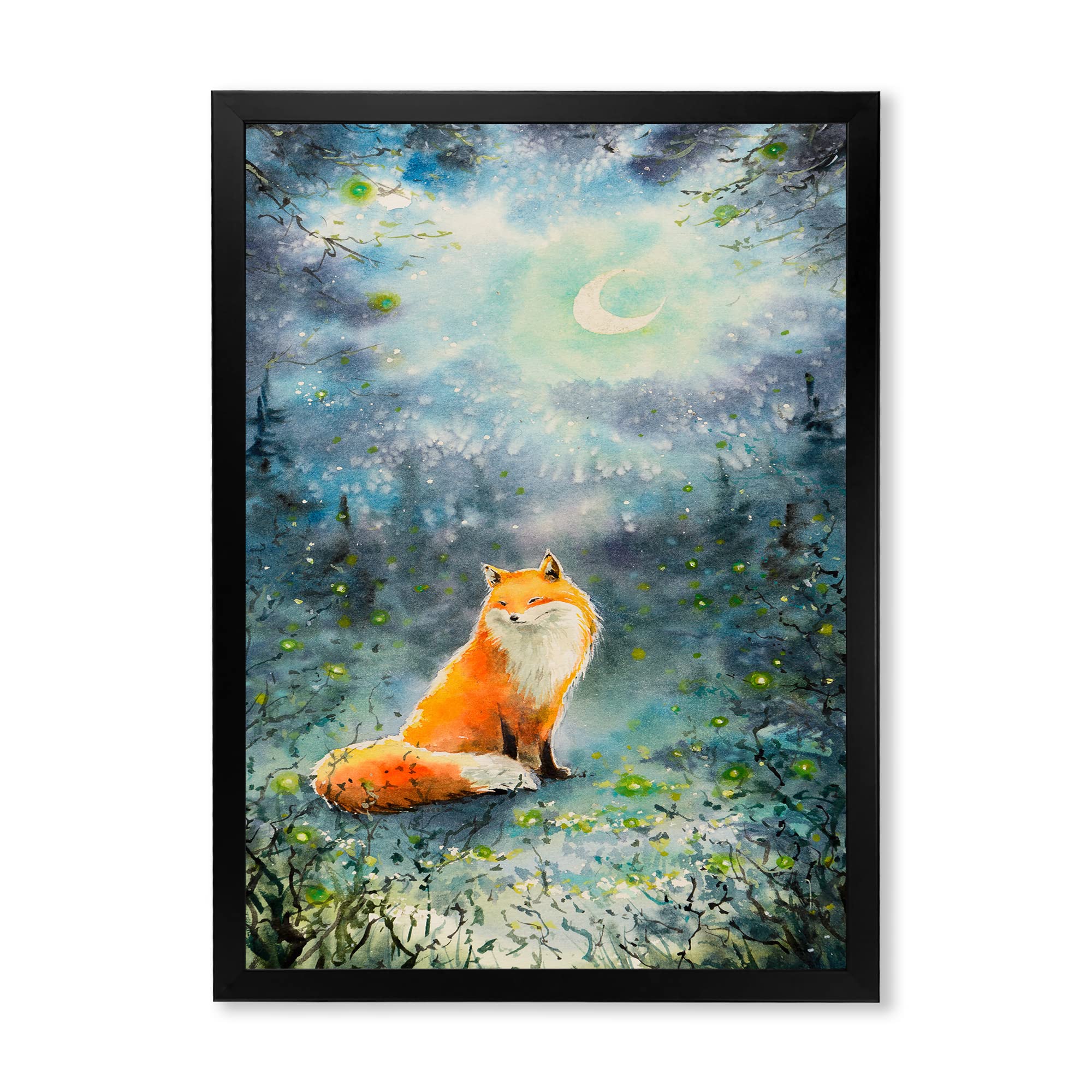 Fox Over a Night Sky - Children's Art Framed Wall Decor for Nursery, Kids Room & Playroom - Whimsical Animal Painting for Bedroom & Classroom