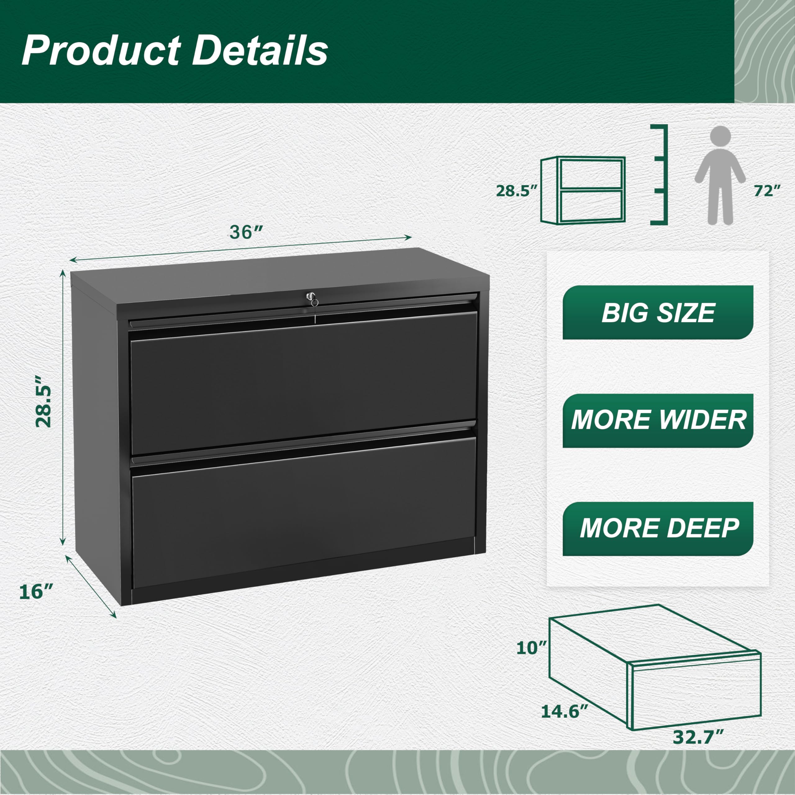 Superday 2-Drawer Metal Lateral File Cabinet with Lock - Black Lockable Filing Cabinet for Home Office, Legal, Letter & A4 Documents - Secure Storage for Hanging Files | Perfect for Office Organization & Document Protection