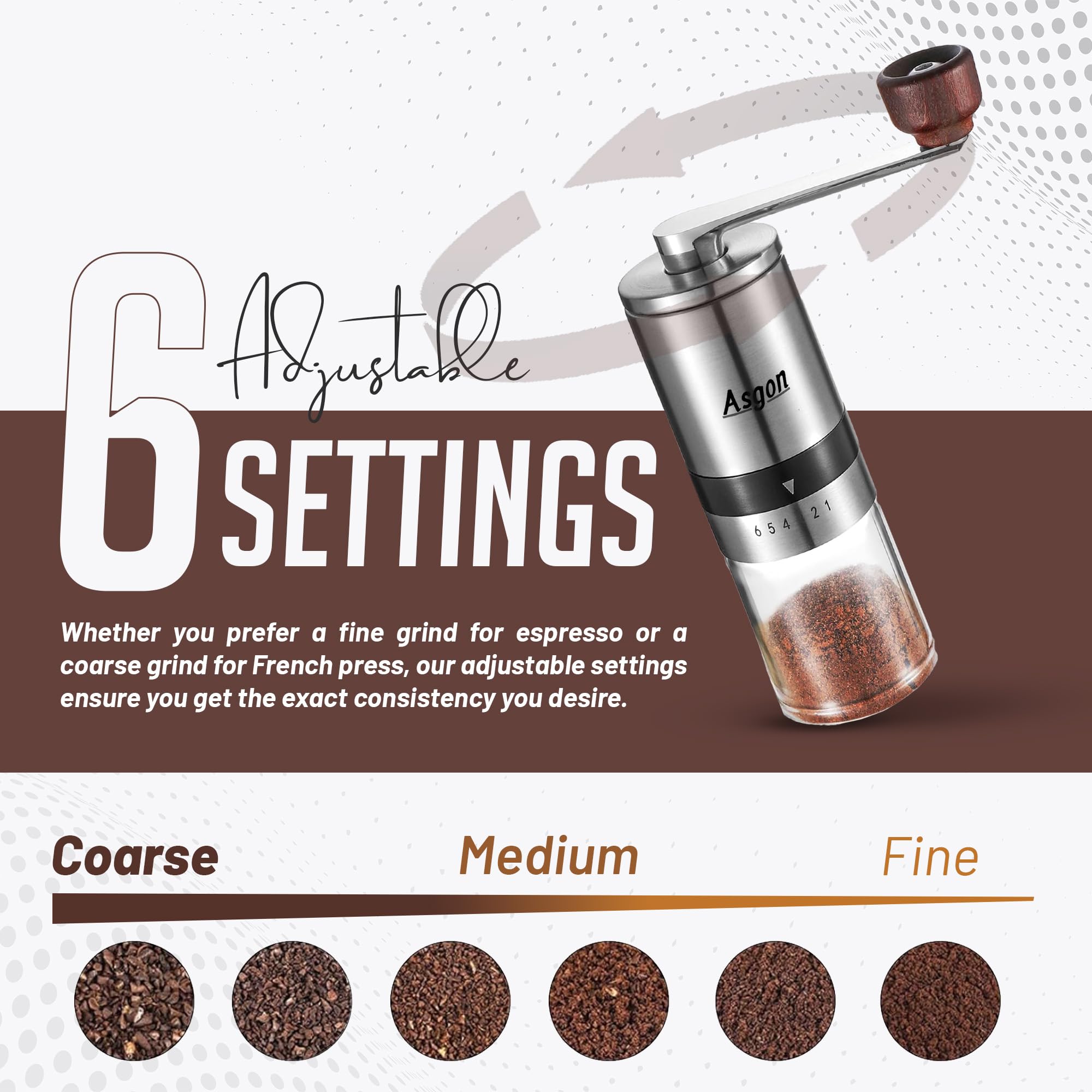 Premium Manual Coffee Grinder with Spoon & Cleaning Brush - Adjustable Stainless Steel Burr Mill for Espresso, French Press & Pour Over - 6 Coarseness Settings - Ergonomic Handle - Perfect for Home, Office & Camping Use