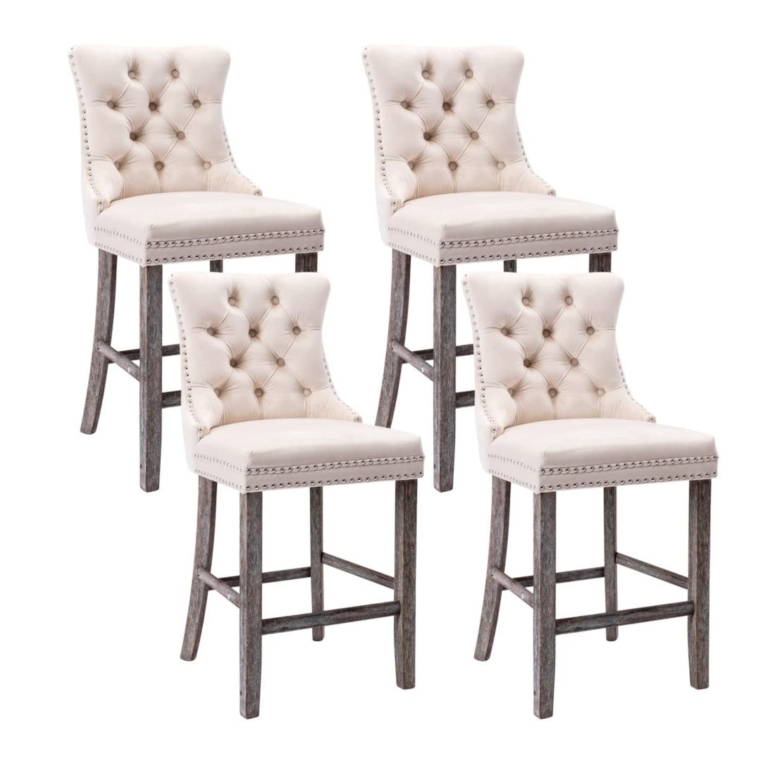4 Velvet Bar Stools with Studs Trim & Wooden Legs - Tufted Dining Chairs for Kitchen Counter, Breakfast Nook & Home Bar - Comfortable Seating for Entertaining